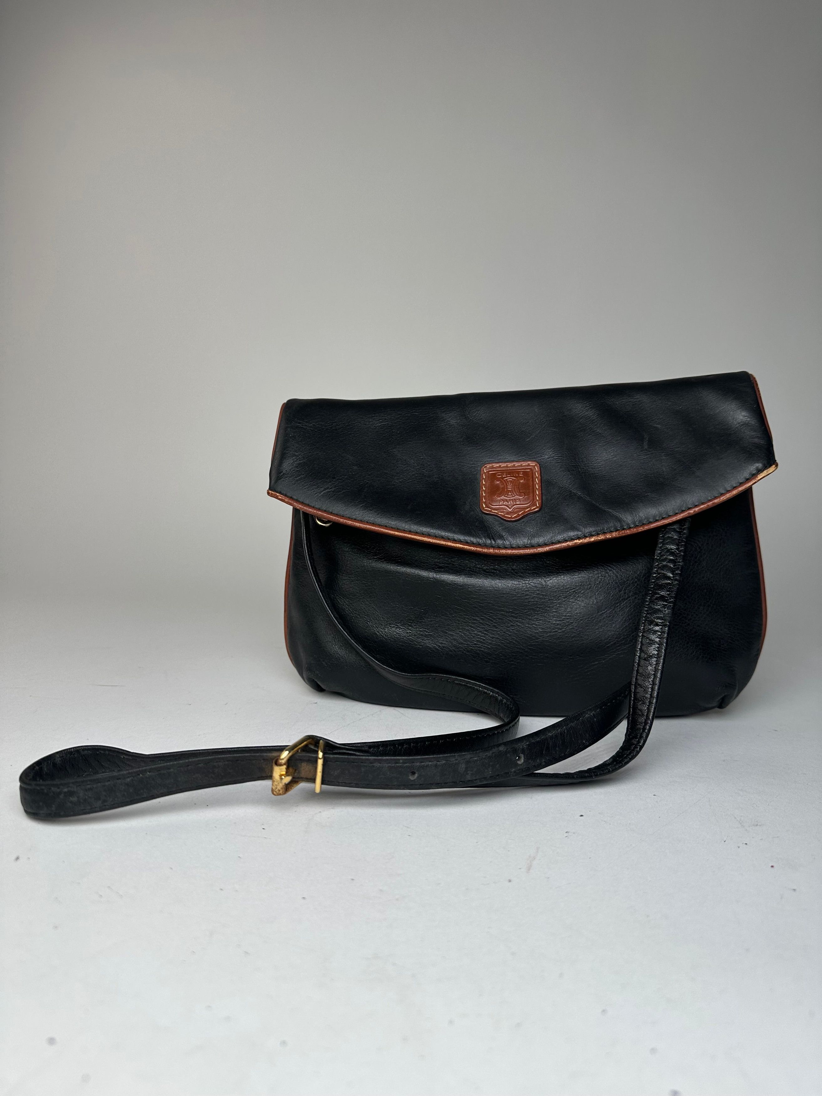 Celine Vintage Paris Leather Shoulder Crossbody Bag Black Brown, Women's