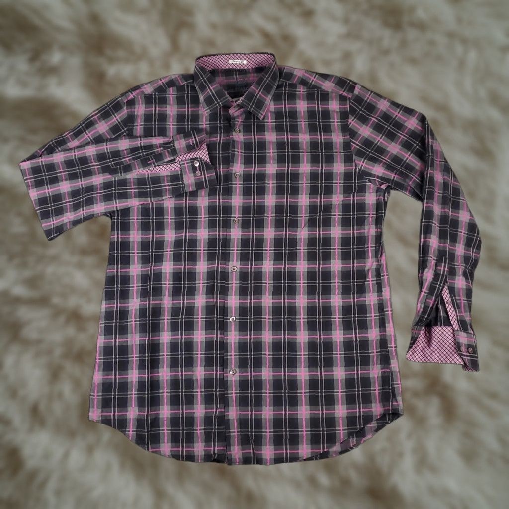 BUGATCHI Bugatchi Uomo Shirt Mens Large Gray Plaid Button-Up Long Sleeve Regular Fit Size US L / EU 52-54 / 3 - 1 Thumbnail