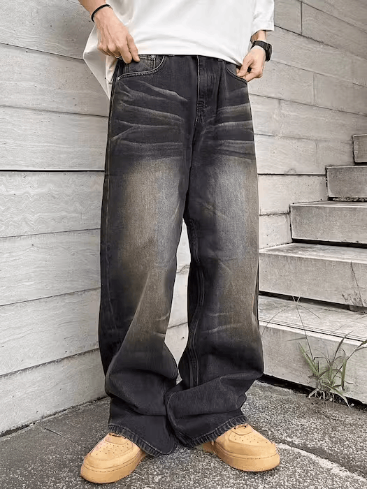 Street hip hop ripple texture retro straight jeans