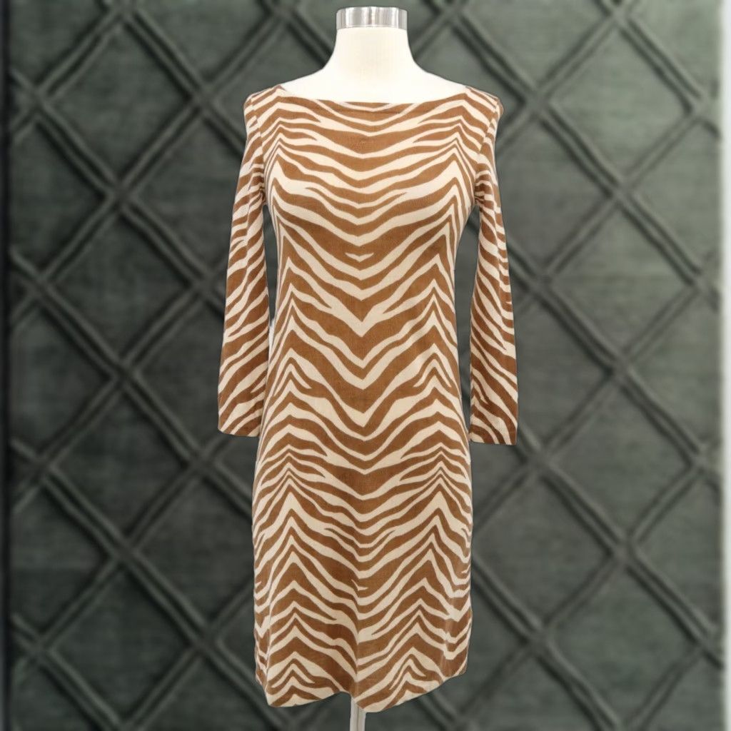 VINTAGE J.CREW Collection Sweater Dress Merino Wool Womens XS Zebra Animal  Print Brown - threedaughtersproperties.com