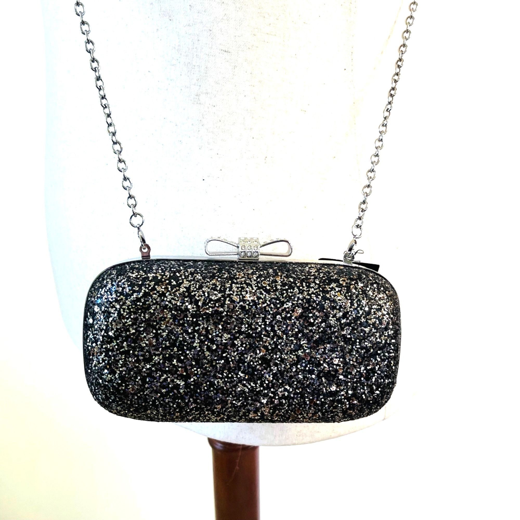 I.N.C Clutch Purse Evie by INC Hard Shell Silver Glitter on Black Size ONE SIZE - 7 Thumbnail