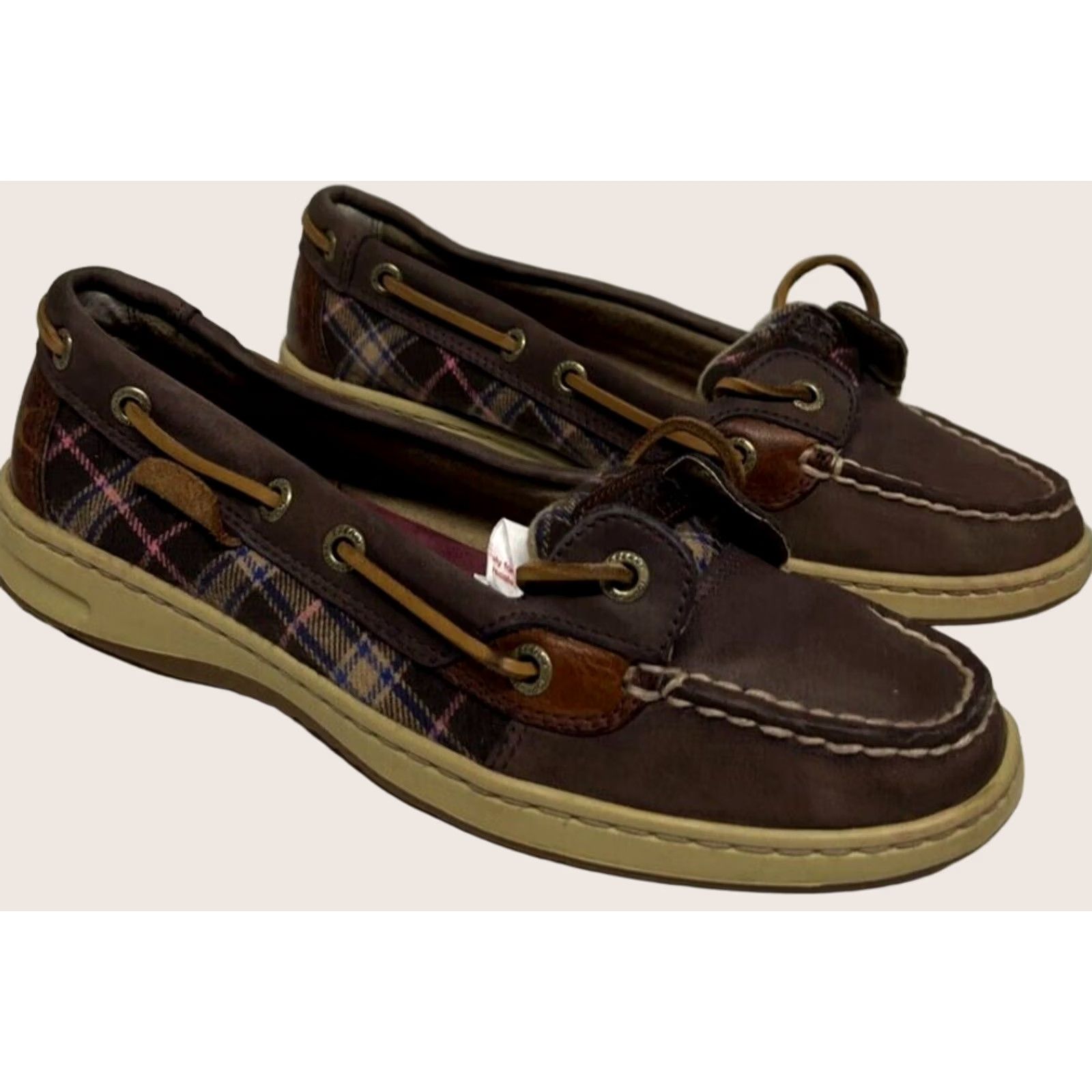 Sperry Sperry Top Sider Women 6.5 37 Brown Plaid Boat Shoe Leather Fabric 9101957 1 Eye Leather Laces Boyt Shoe Size M / US 6-8 / IT 42-44 - 1 Thumbnail