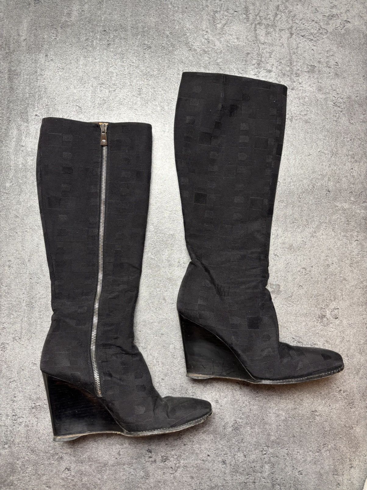 Bally × Vintage Bally Cheryl Black Fabric Zip Knee High Wedge Vtg Boots Size US 8 / IT 38 - 1 Thumbnail