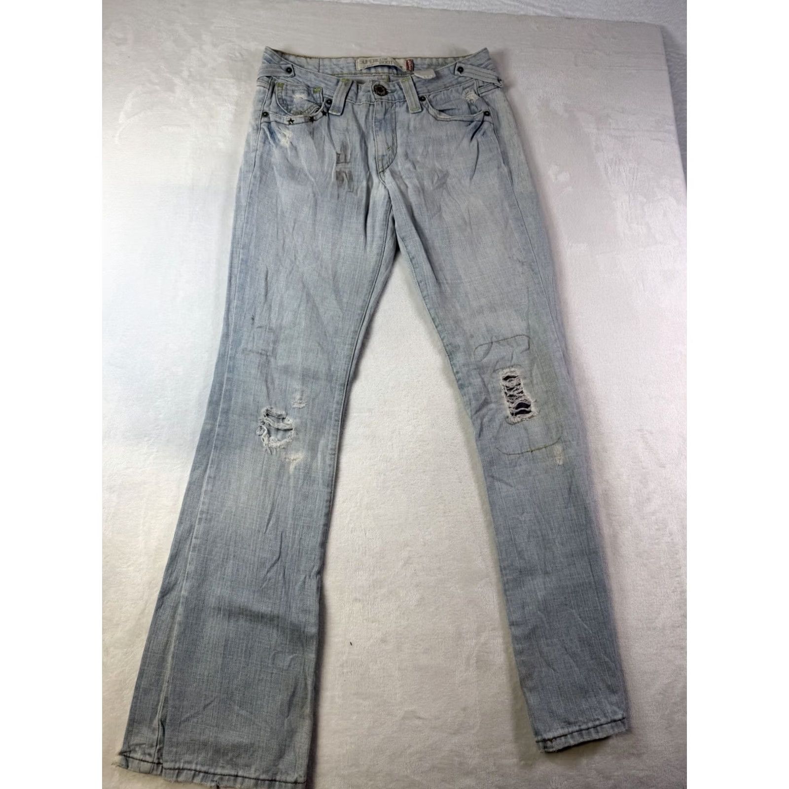 Levi's VINTAGE Levi's 518 Jeans Women's SuperLow Bootcut Size 5M Distressed Stained Y2K Blue denim 30in inseam Mens logo solid 5-Pocket Size 27" / US 4 / IT 40 - 2 Thumbnail