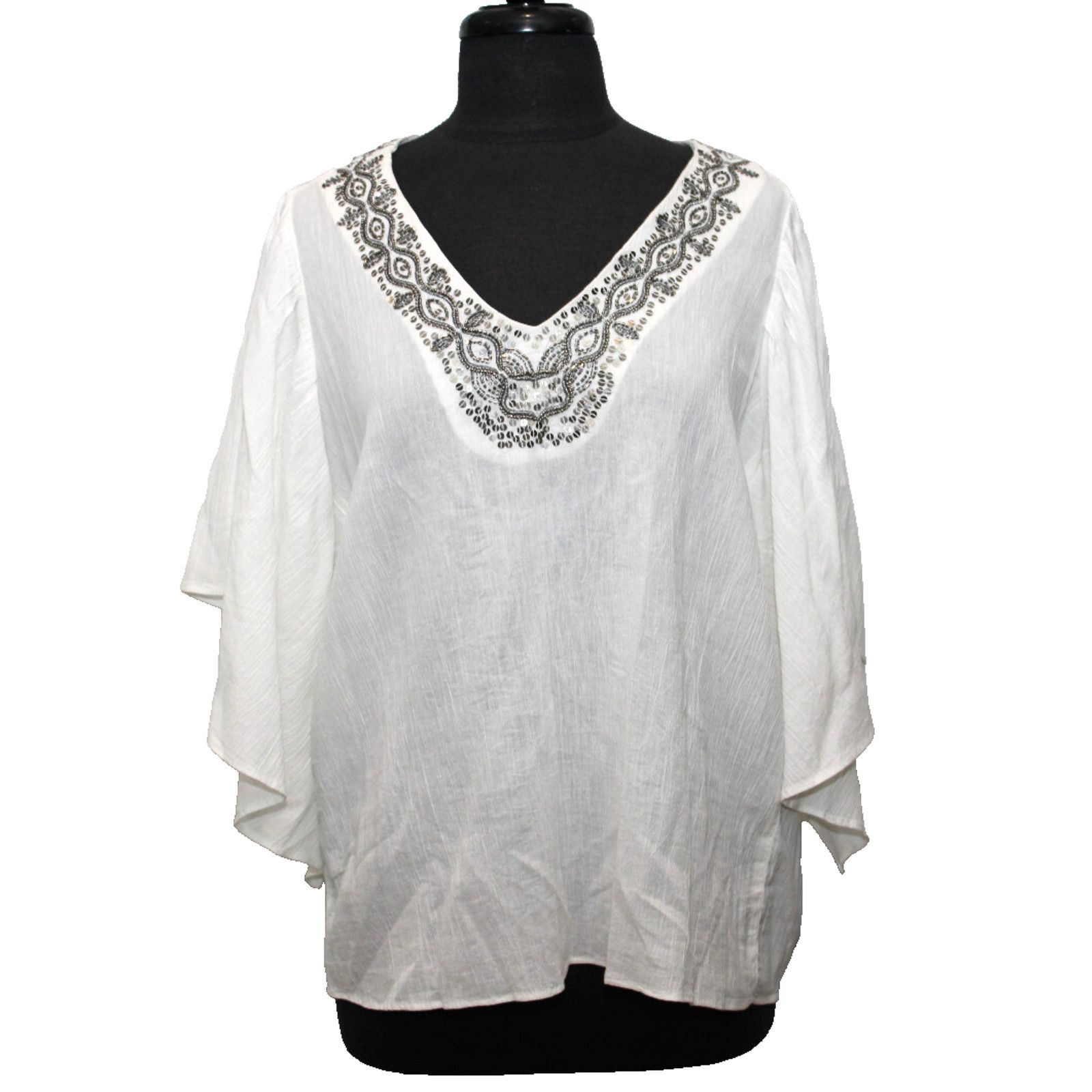 Chicos CHICOS Flutter Sleeve Alabaster Gauze Beaded V-Neck Top Sz 2 Size L / US 10 / IT 46 - 1 Thumbnail