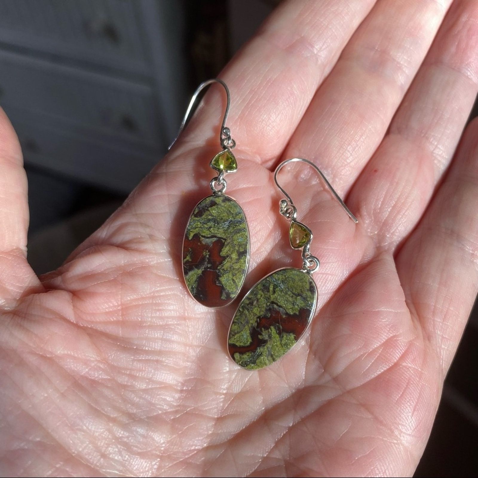 The Unbranded Brand Dragon Blood & Peridot Solid Sterling silver Earrings Size ONE SIZE - 7 Thumbnail