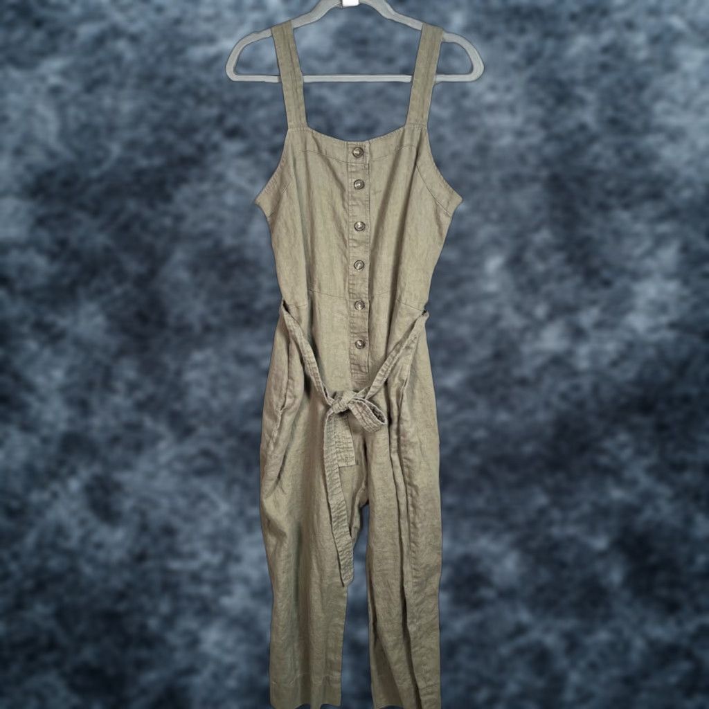 Everlane Womens Size 10 Olive Green Linen Jumpsuit With Button Front Waist Tie