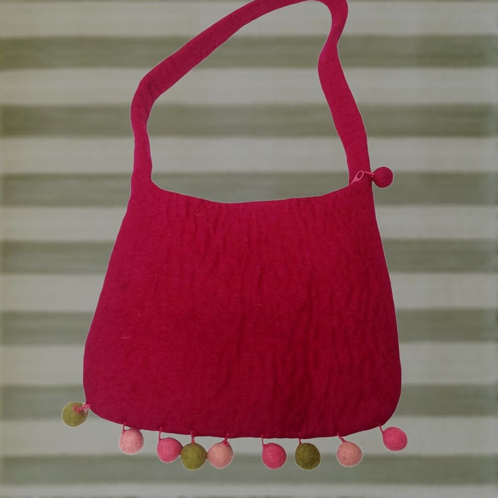 Vintage Uttam London Felted Wool Purse Pink Rose Heart Flower Pom Pom Boho Hippie Zip Bag Shoulder Bag Women 11.5" Pink Green Floral Hearts Size ONE SIZE - 1 Thumbnail