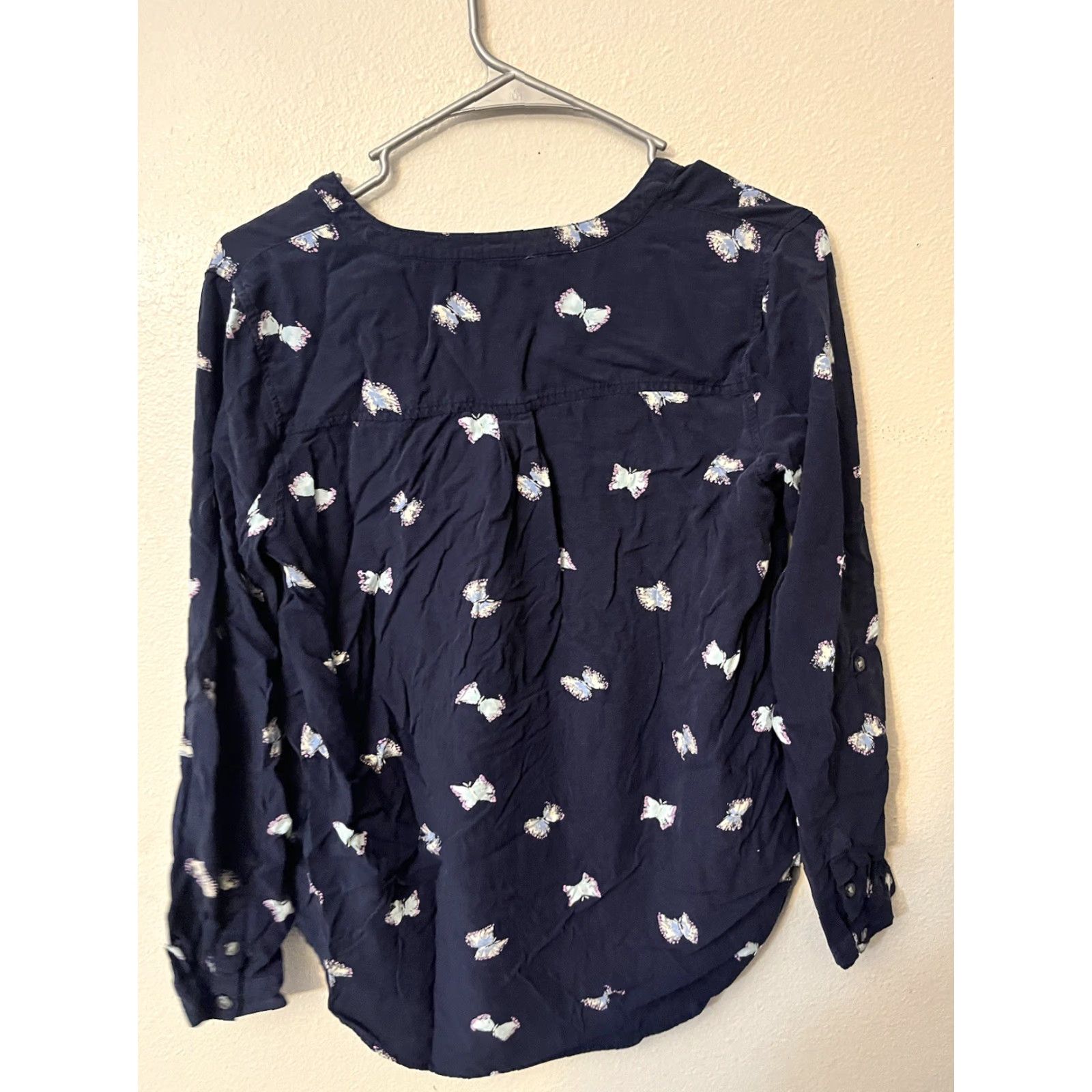 Vintage Bass Shirt Small Navy Blue Popover Butterflies Roll Tab Sleeves Top Size S / US 4 / IT 40 - 2 Thumbnail