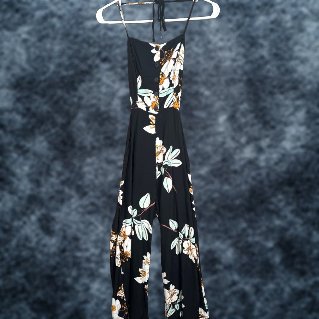 Vintage Kimchi Blue Floral Print Wide-Leg Jumpsuit With Button Front & Halter Tie Size 2 - Black, Women, One-Piece, Sleeveless, Casual, Spring Summer Fall Size 26" / US 2 / IT 38 - 1 Thumbnail