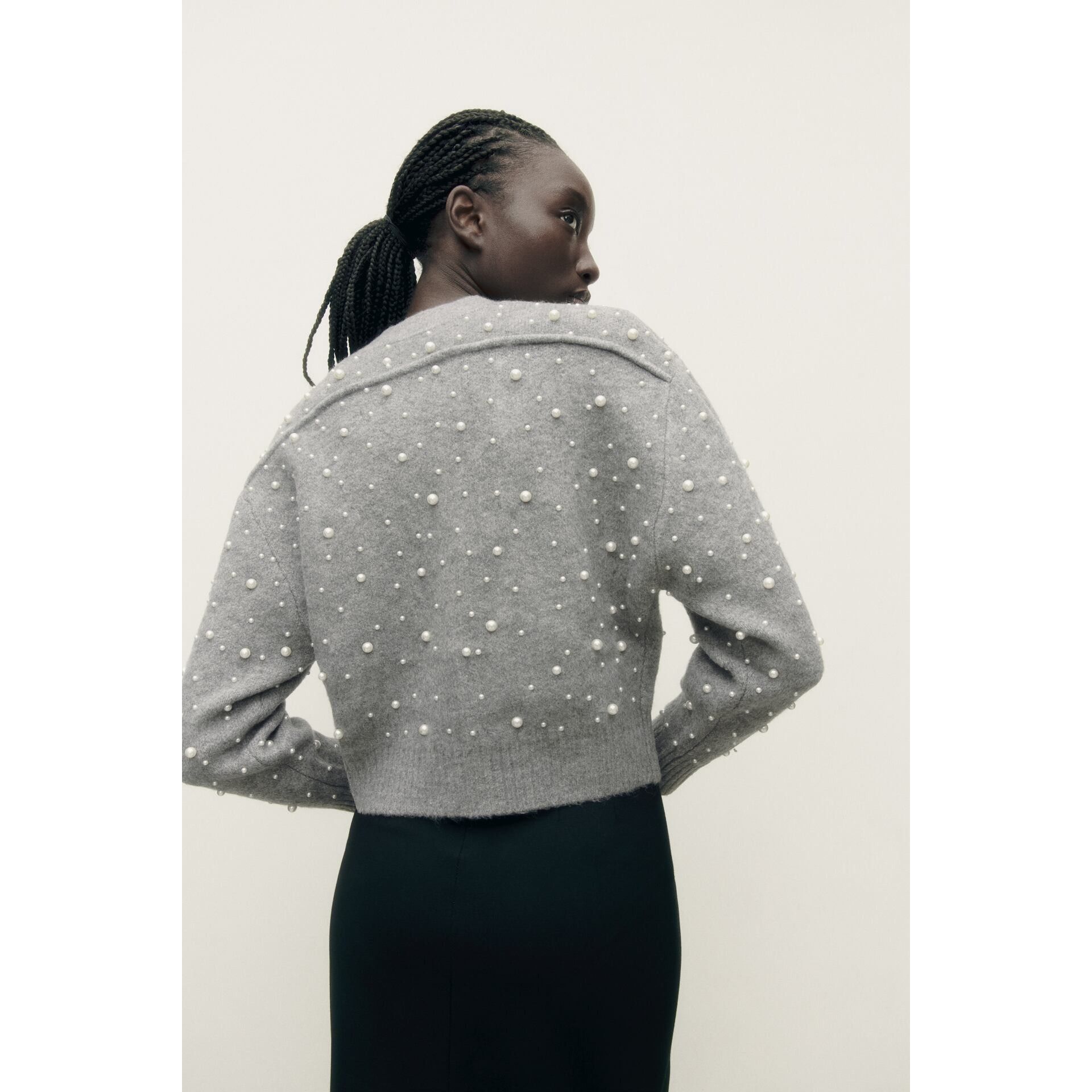 Zara Zara Grey Pearl-Embellished Bomber Zip Cardigan Size S / US 4 / IT 40 - 5 Thumbnail