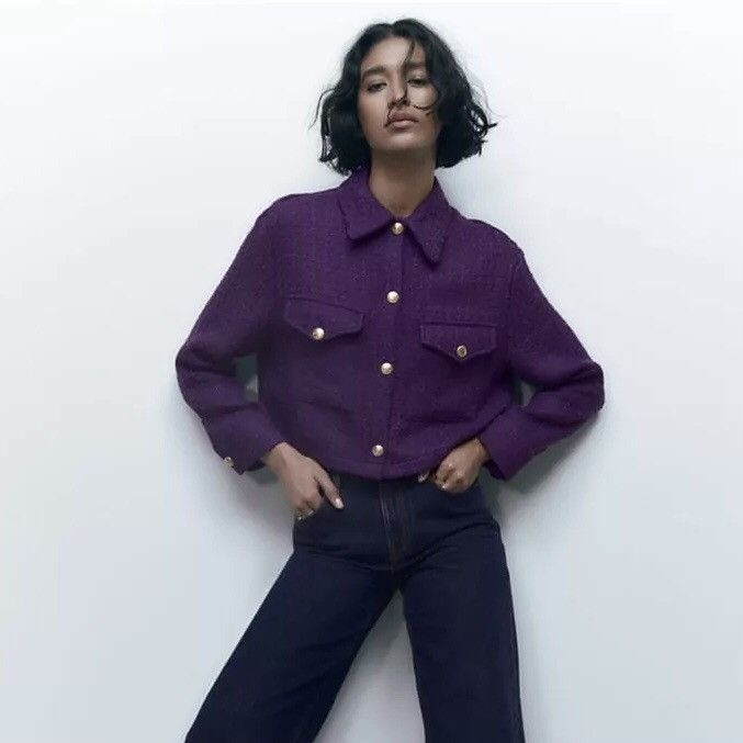 Zara Zara Cropped Tweed Purple Jacket Size S / US 4 / IT 40 - 4 Thumbnail