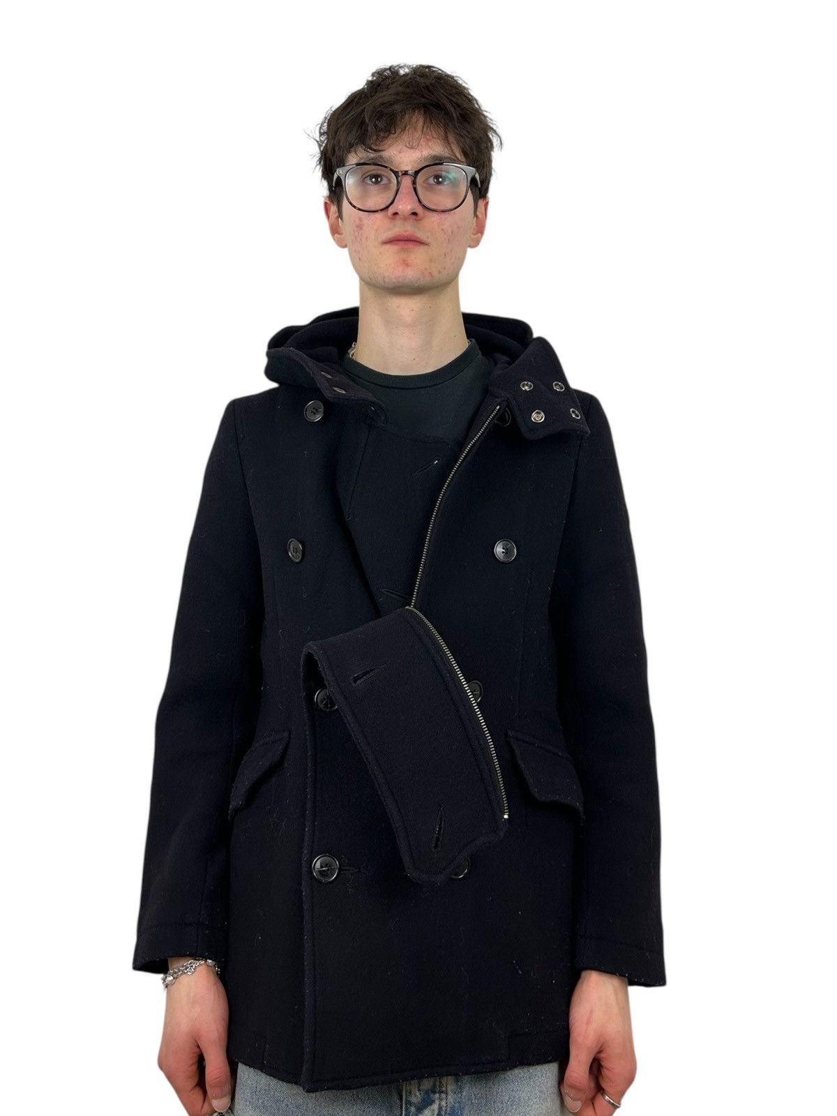 ZUCCa Asymmetrical Hooded Wool Toggle Zip Peacoat (L)