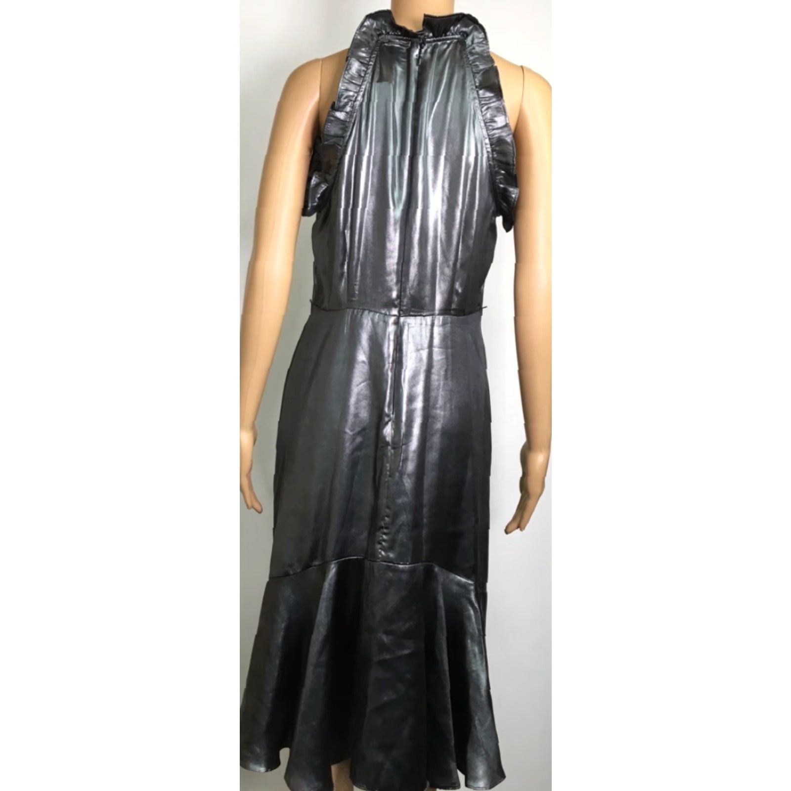 Vintage Who What Wear Womens Cocktail Dress Metallic Gunmetal Ruffle Sleeveless S New Midi Halter Zip 100% Polyester Solid Dress Womens Size S / US 4 / IT 40 - 4 Thumbnail