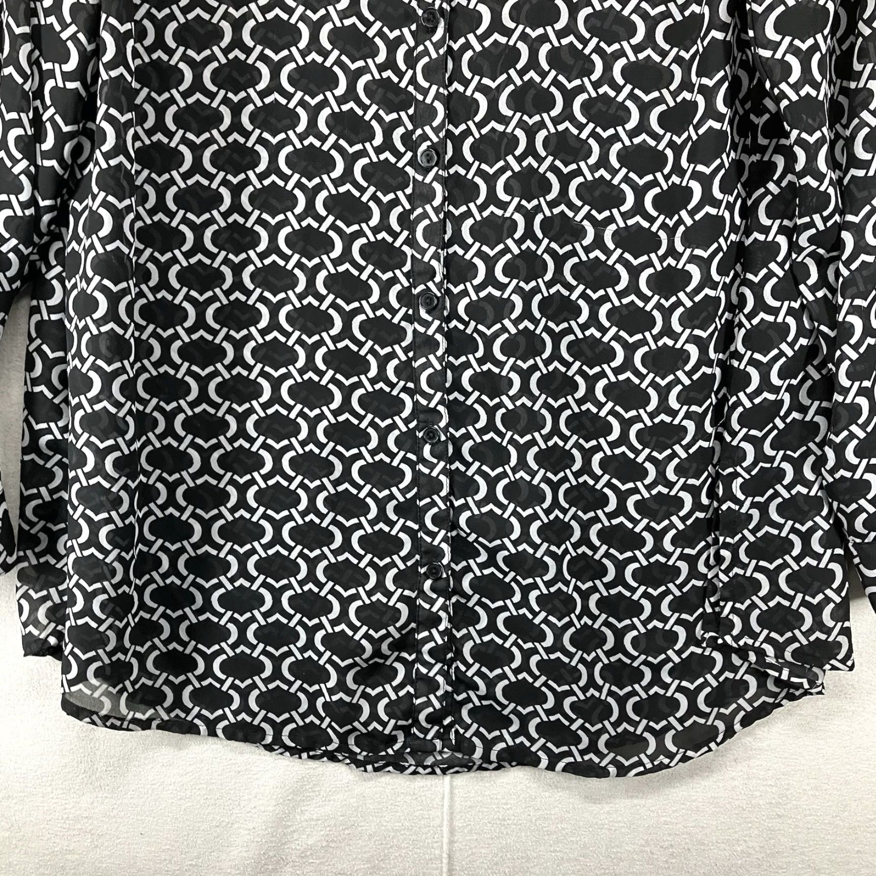 Vintage Lane Bryant Women’s Blouse Shirt 14 Black White Chain Designer Print Sheer Gothic Casual Long Sleeve Button Up Collared Breathable Polyester Modern Size XL / US 12-14 / IT 48-50 - 7 Thumbnail