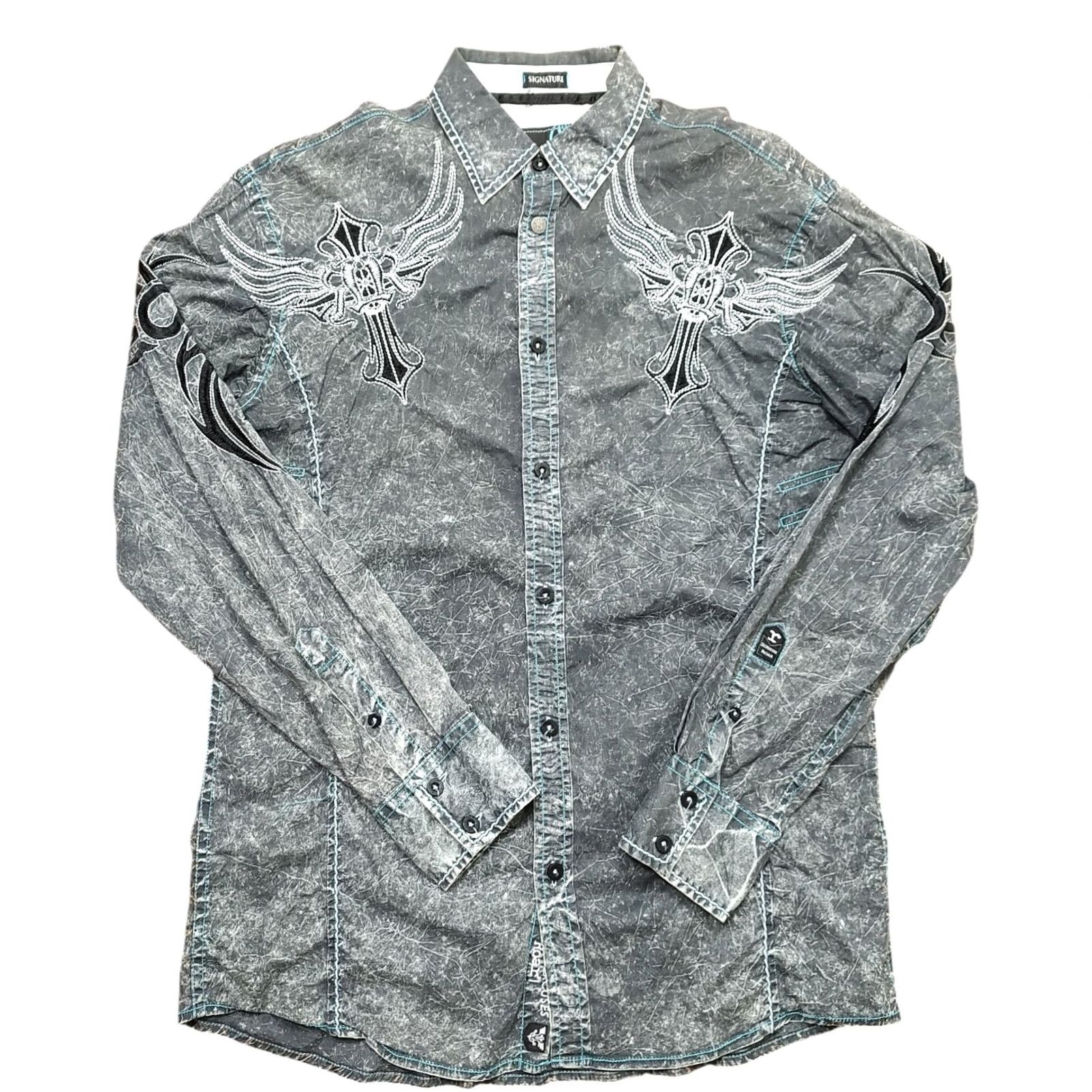 Roar Roar Shirt Mens Medium Faded Gray Embroidered Cross Long Sleeve Button Up Rock Size US M / EU 48-50 / 2 - 2 Thumbnail