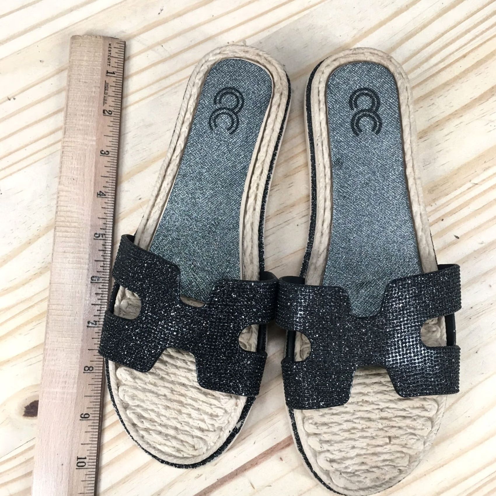 Vintage Cindy Claire Sandals Womens 38 Slide Flats Slip On CC Logo Black Glitter Open Toe Womens Sandal Size US 8 / IT 38 - 5 Thumbnail