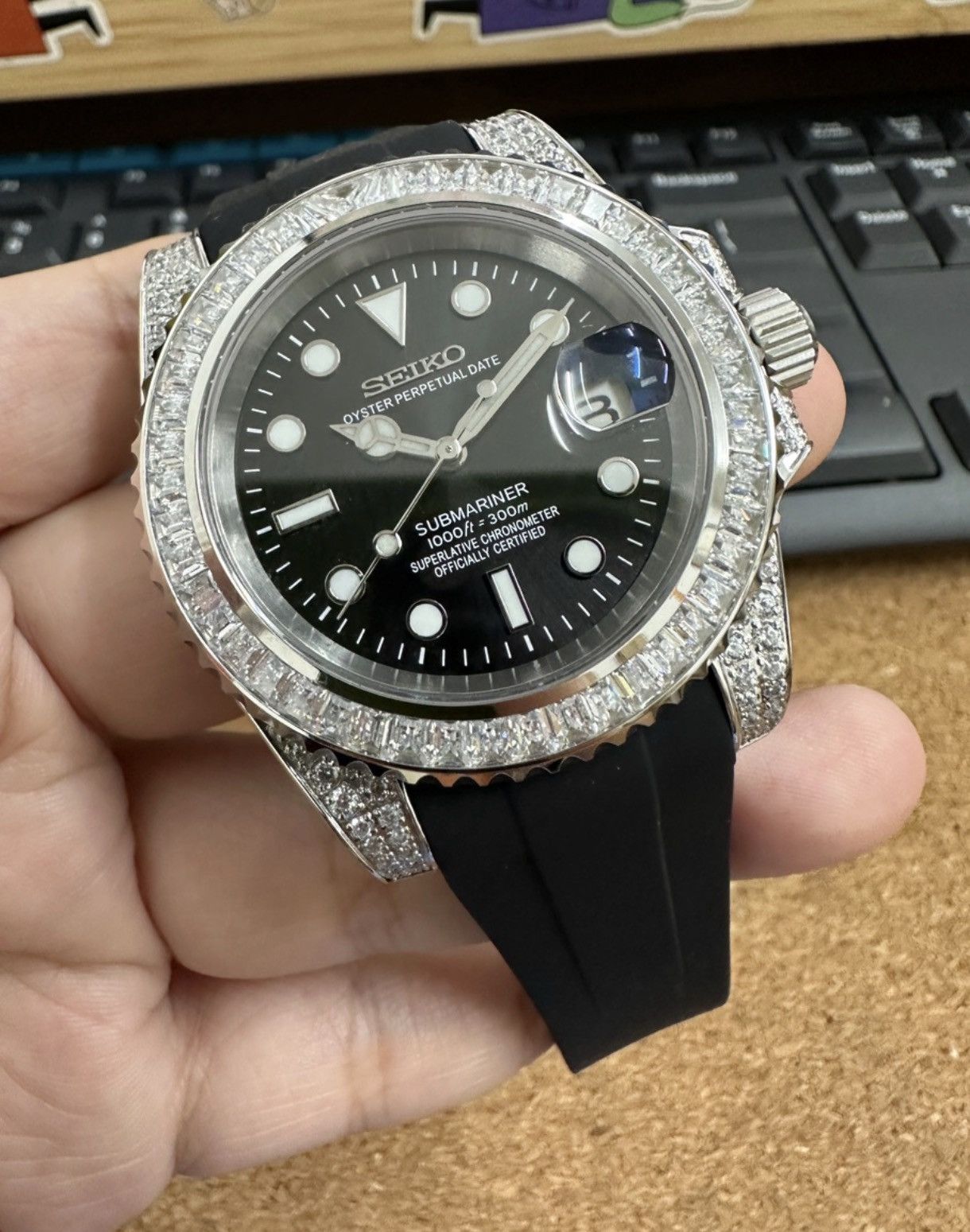 Japanese Brand Seiko Mod Submariner Black Iced Out Automatic Watch 41mm Size ONE SIZE - 1 Thumbnail