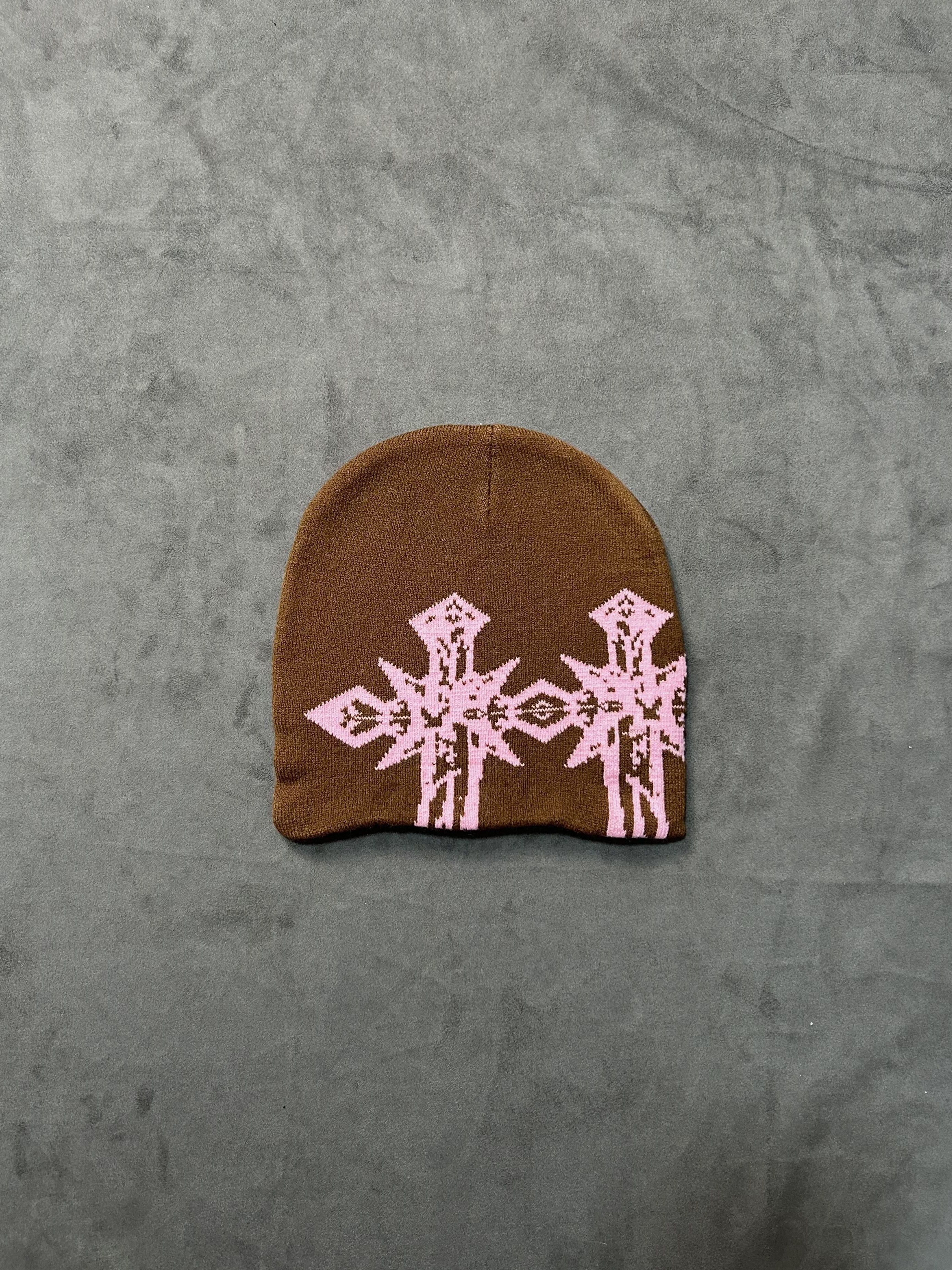 Japanese Brand Rare Double Crosses Graphic No Cuff Knit Beanie Brown Hat OS Size ONE SIZE - 1 Thumbnail