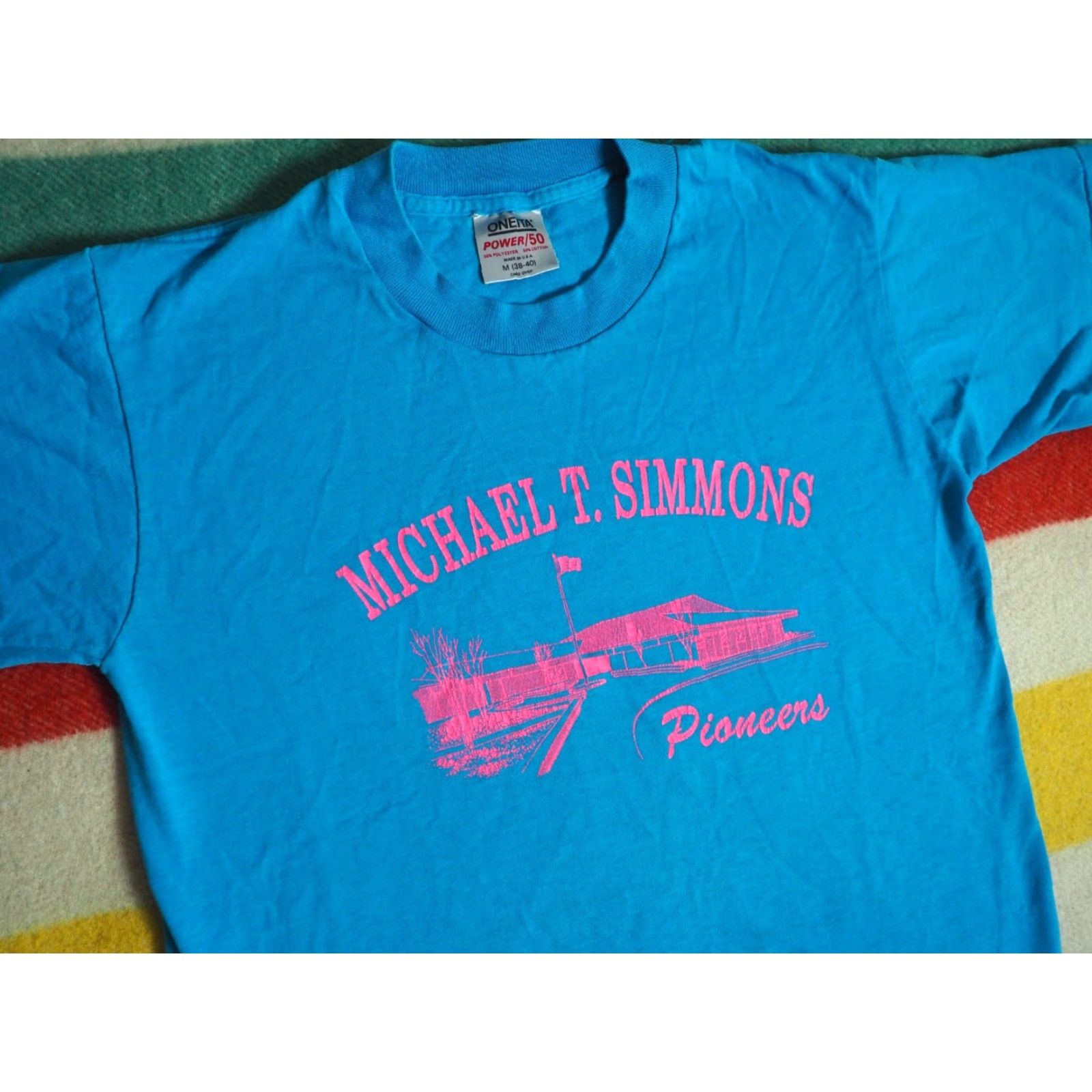 Vintage VINTAGE Oneita Tee Shirt M Blue 80s 90s VTG PNW Tumwater Pioneers School WA USA Mens M T-Shirt Graphic Tee Size US M / EU 48-50 / 2 - 2 Thumbnail