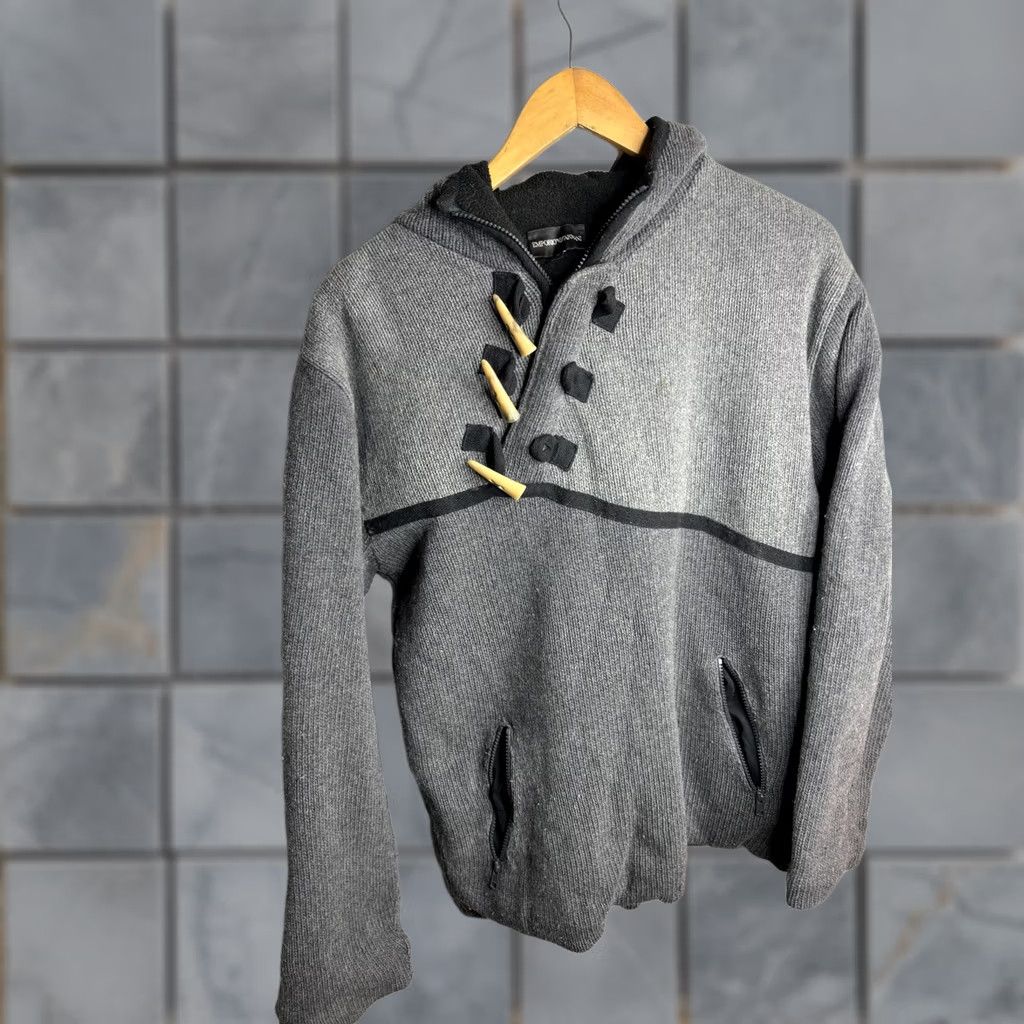 Emporio Armani Emporio Armani Sweater Mens M Gray Hooded 1/4 Zip Toggle EVA Logo Knit Pullover Long Sleeve Pockets Heavyweight Classic Casual Size US M / EU 48-50 / 2 - 1 Thumbnail