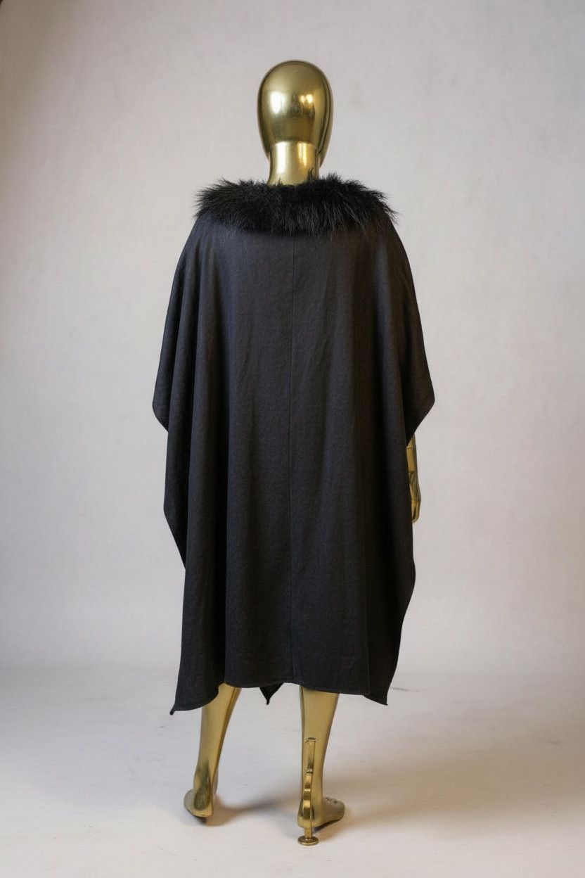 Other Black linen Poncho with real Mongolian Fur Neckline Size US XS / EU 42 / 0 - 3 Thumbnail