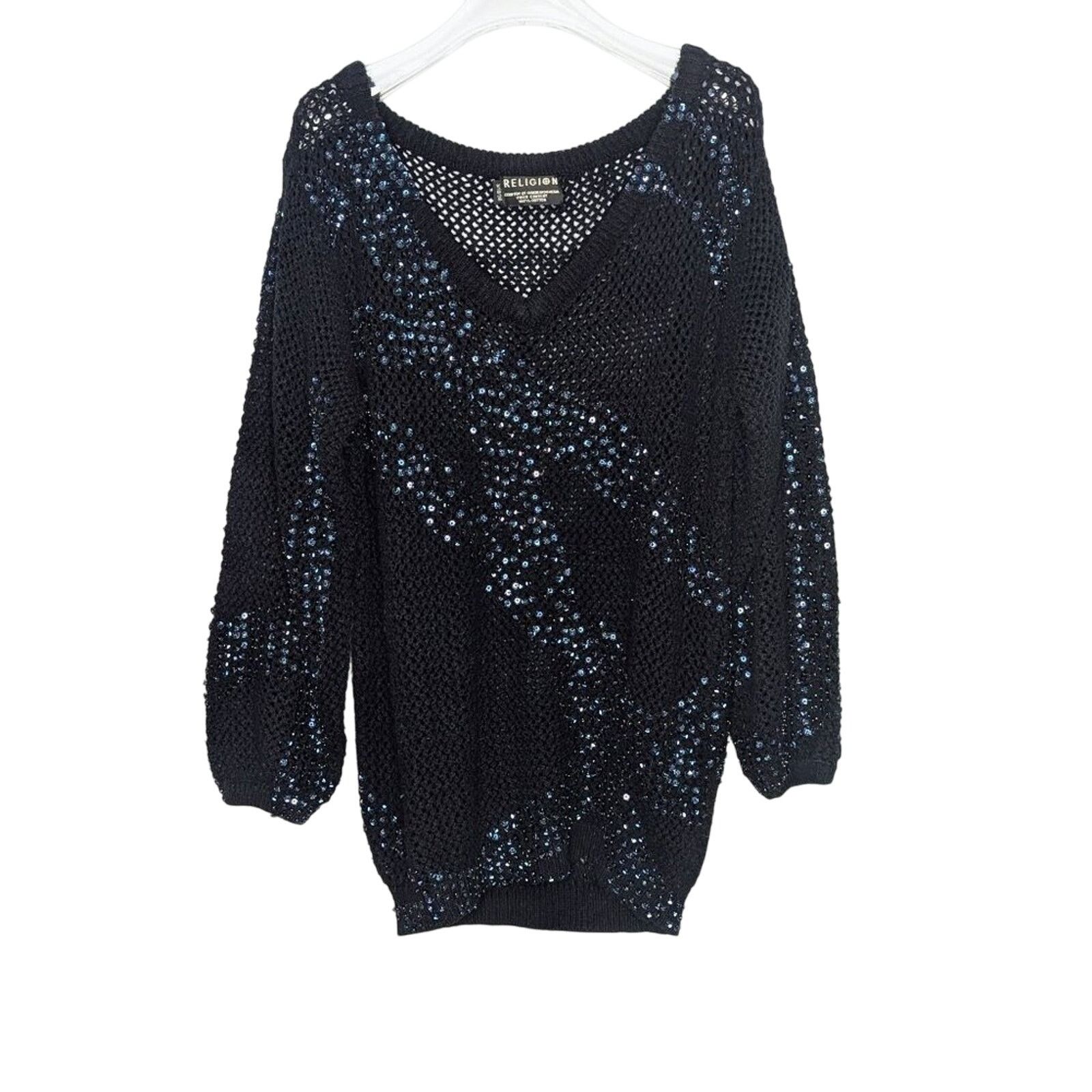 Other Religion Black Open Knit Crochet Sweater Iridescent Sequins Size S / US 4 / IT 40 - 1 Thumbnail