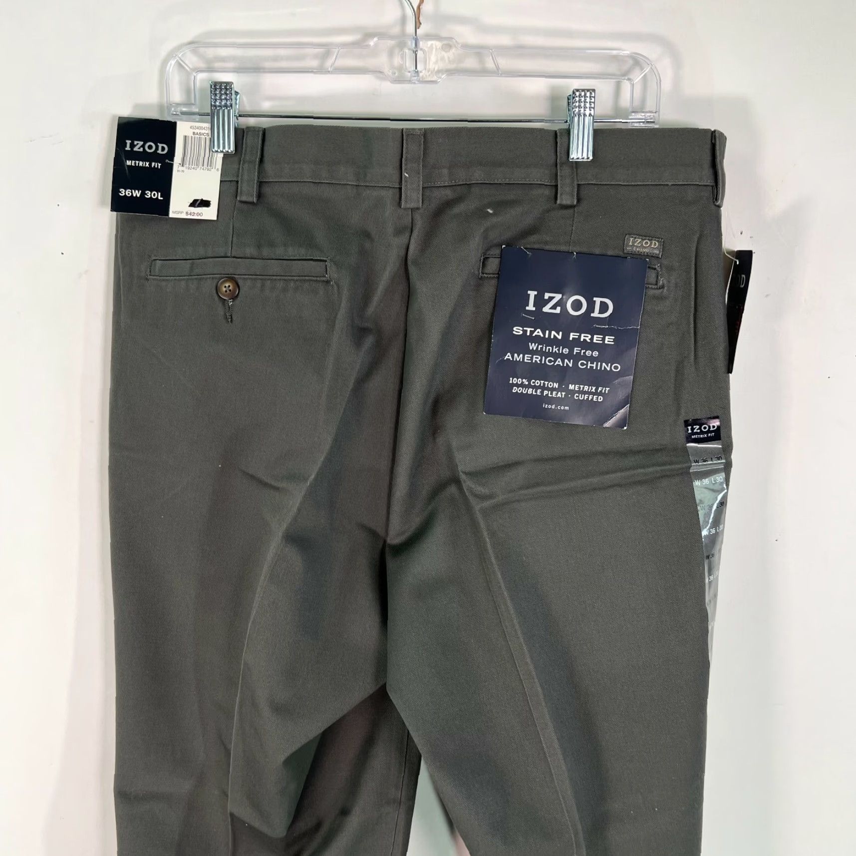 Izod IZOD Chino Pants Men Metrix Fit 36W 30L Gray, 100% Cotton, Wrinkle Resistant, Belt Loops, Cuffed, Plain/Solid, Business Casual, Size 36X30, Mens Size US 36 / EU 52 - 4 Thumbnail