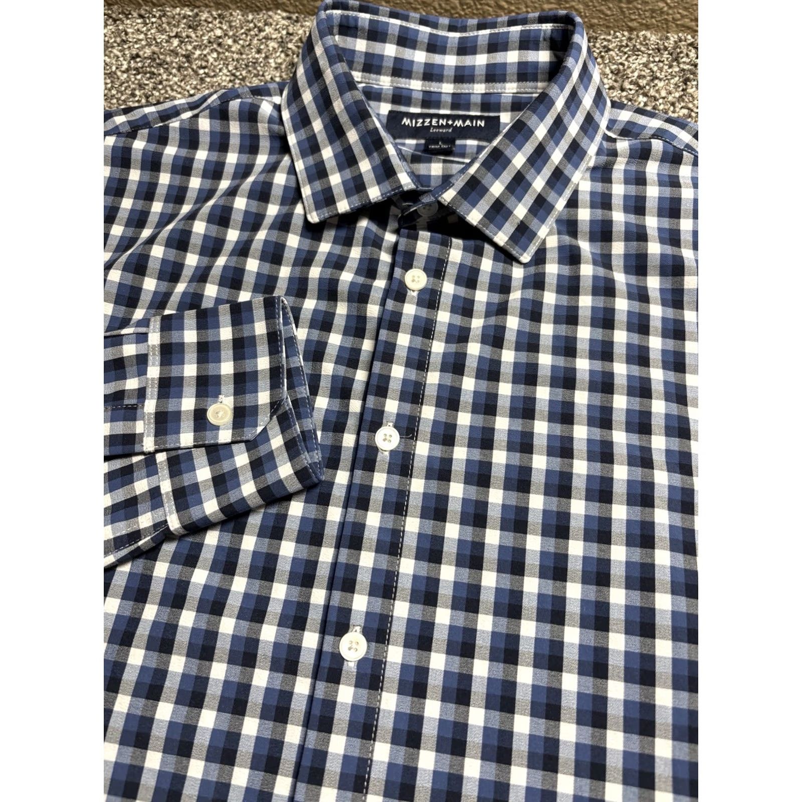 Mizzen+Main Mizzen+Main Leeward Shirt Mens Large Tall Blue Check Plaid Stretch Polyester Spandex Button-Up Collared Size US L / EU 52-54 / 3 - 2 Thumbnail
