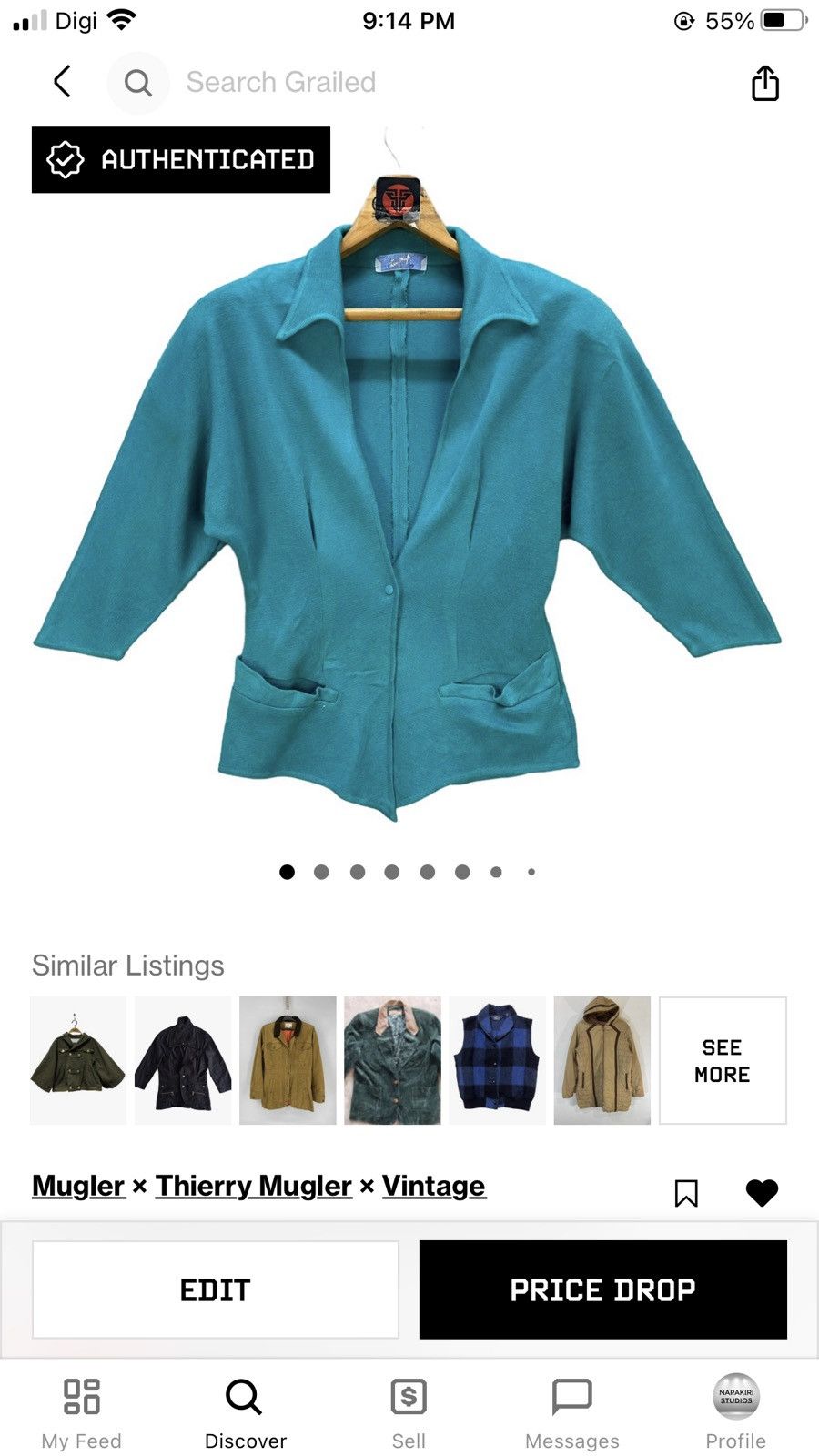 Mugler 80's THIERRY MUGLER TEAL KNIT SINGLE BUTTON JACKET #7573-154 Size M / US 6-8 / IT 42-44 - 12 Thumbnail