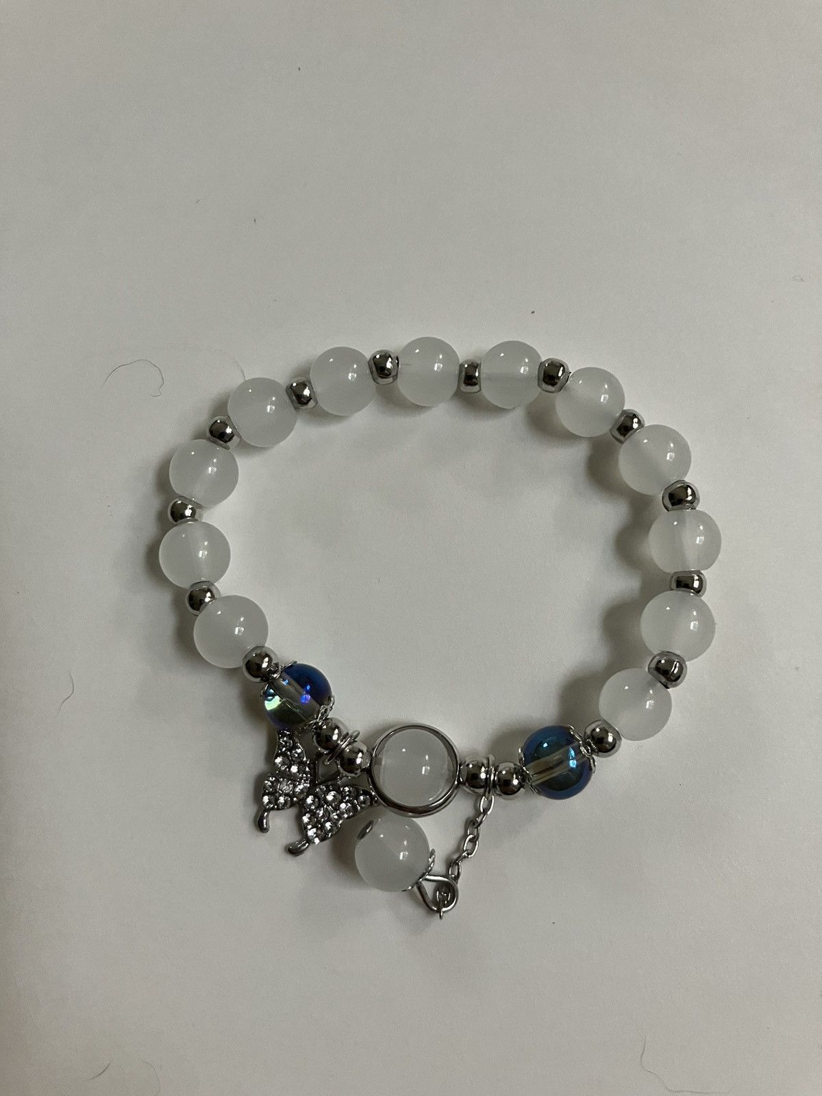 Handmade White Blue Fresh Beaded Butterfly Charm Bracelet Size ONE SIZE - 2 Thumbnail