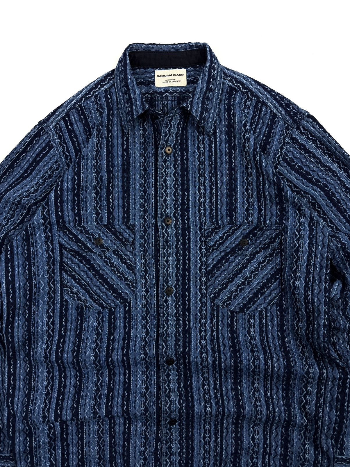 Samurai Jeans Samurai Jeans Japanese Indigo Sashiko Stripe Work Shirt rare Size US XXL / EU 58 / 5 - 9 Thumbnail