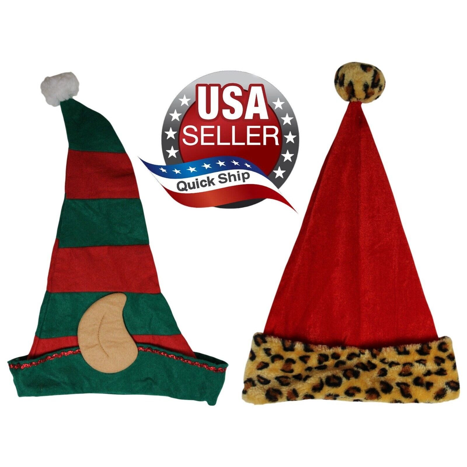 Other 2 Christmas Caps • Red & Green & Elf Ears • Red Faux Leopard Size ONE SIZE - 1 Thumbnail