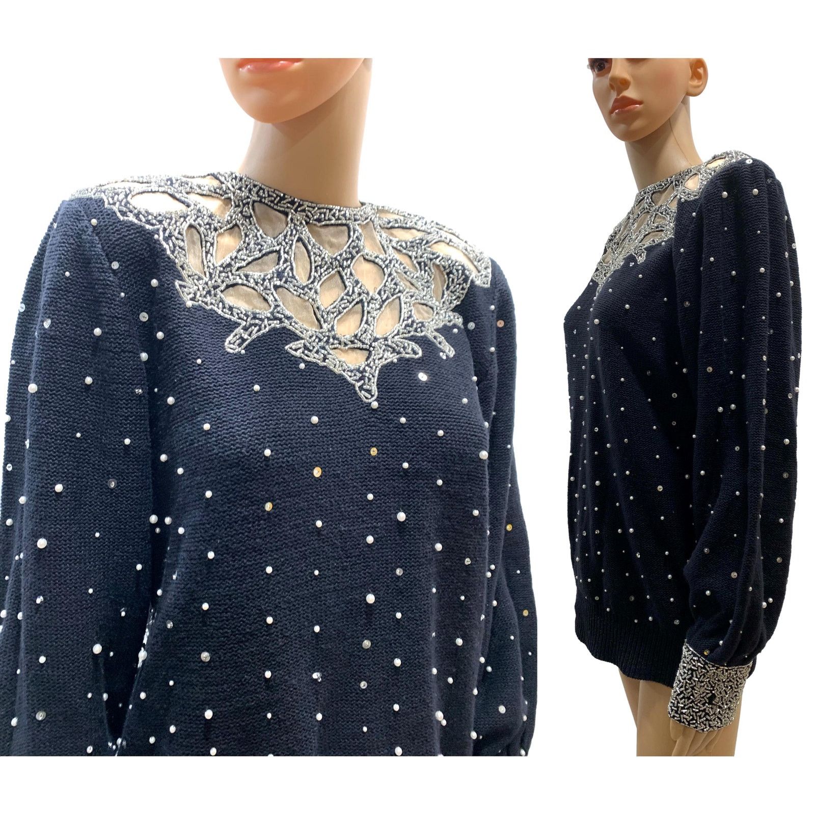 Vintage 80s Black Beaded Trophy Sweater w Pearls 1989 | S/M Size M / US 6-8 / IT 42-44 - 4 Thumbnail