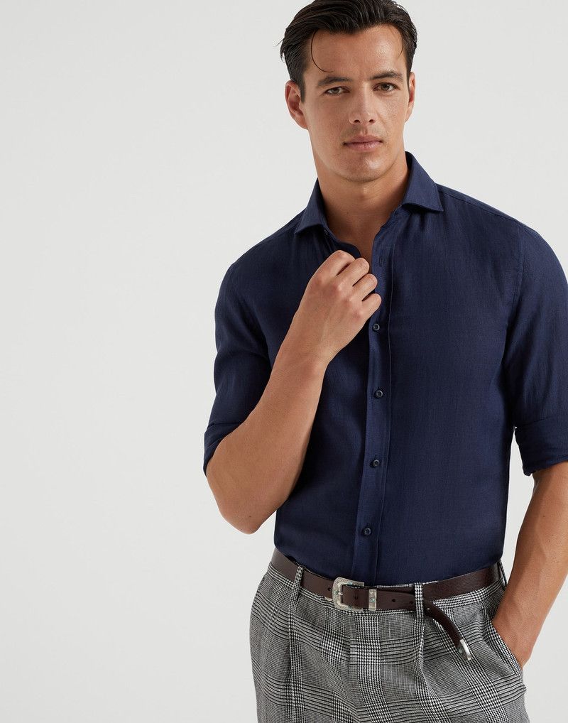 Brunello Cucinelli o1la1rc1a0326 Linen Easy Fit Shirt in Blue Size US M / EU 48-50 / 2 - 4 Thumbnail