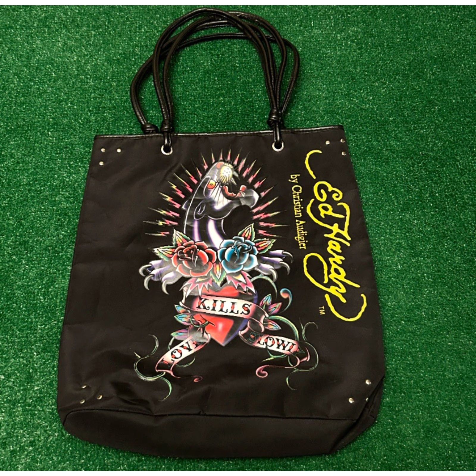 Ed Hardy VINTAGE Ed Hardy Tote Bag Women Medium Black Purple Love Kills Slowly Tattoo Skull Punk Grunge 2000s Y2K Bag Size ONE SIZE - 3 Thumbnail