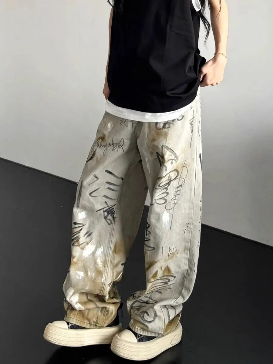 Japanese Brand Retro washed graffiti printed jeans Size US 32 / EU 48 - 2 Thumbnail