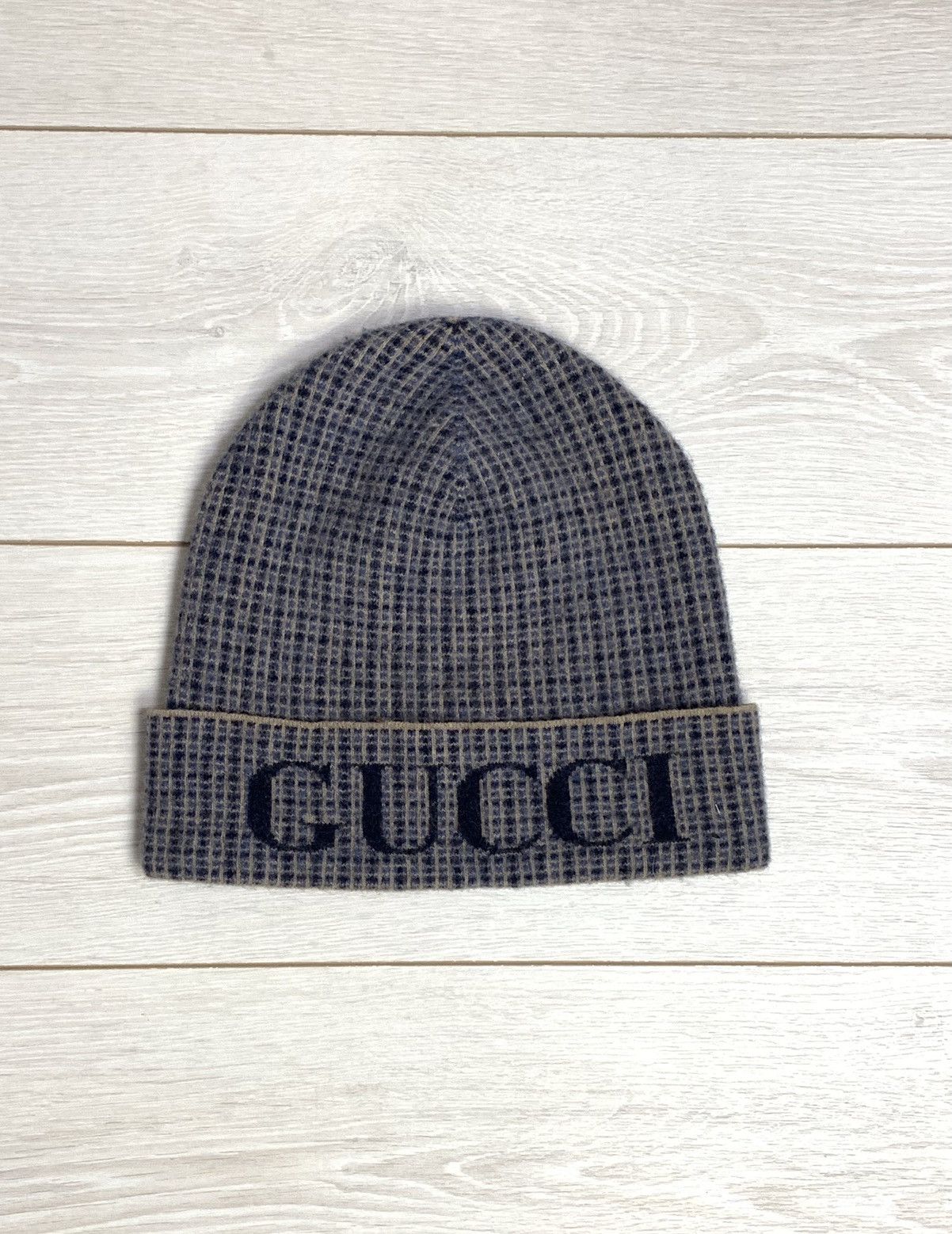 Gucci Gucci Checkered Jacquard Logo Beanie Blue / Grey Size L Size ONE SIZE - 1 Thumbnail