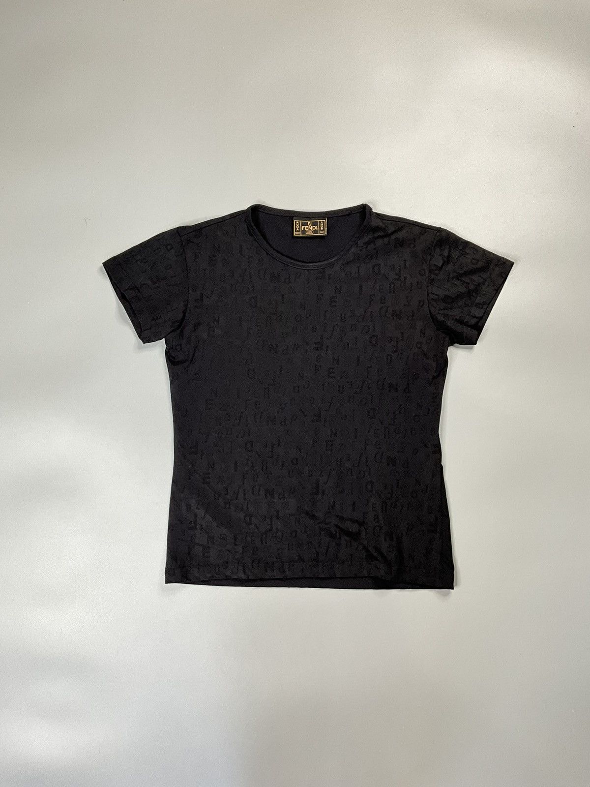 image of Fendi Jacquard Logo Elastic Mesh Tee in Black, Women's (Size Large)