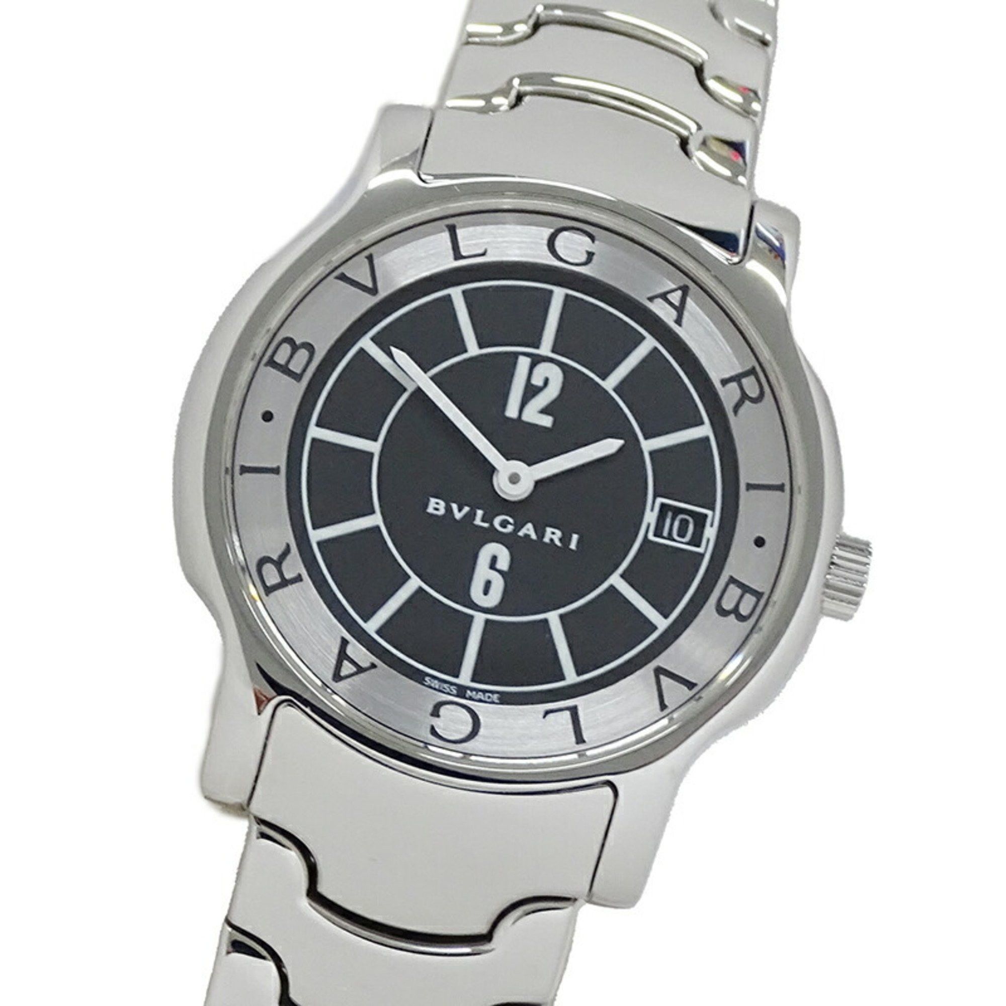Bvlgari Men's Solotempo Date Quartz Watch Stainless Steel Ss St35S Silver Black Polished in White