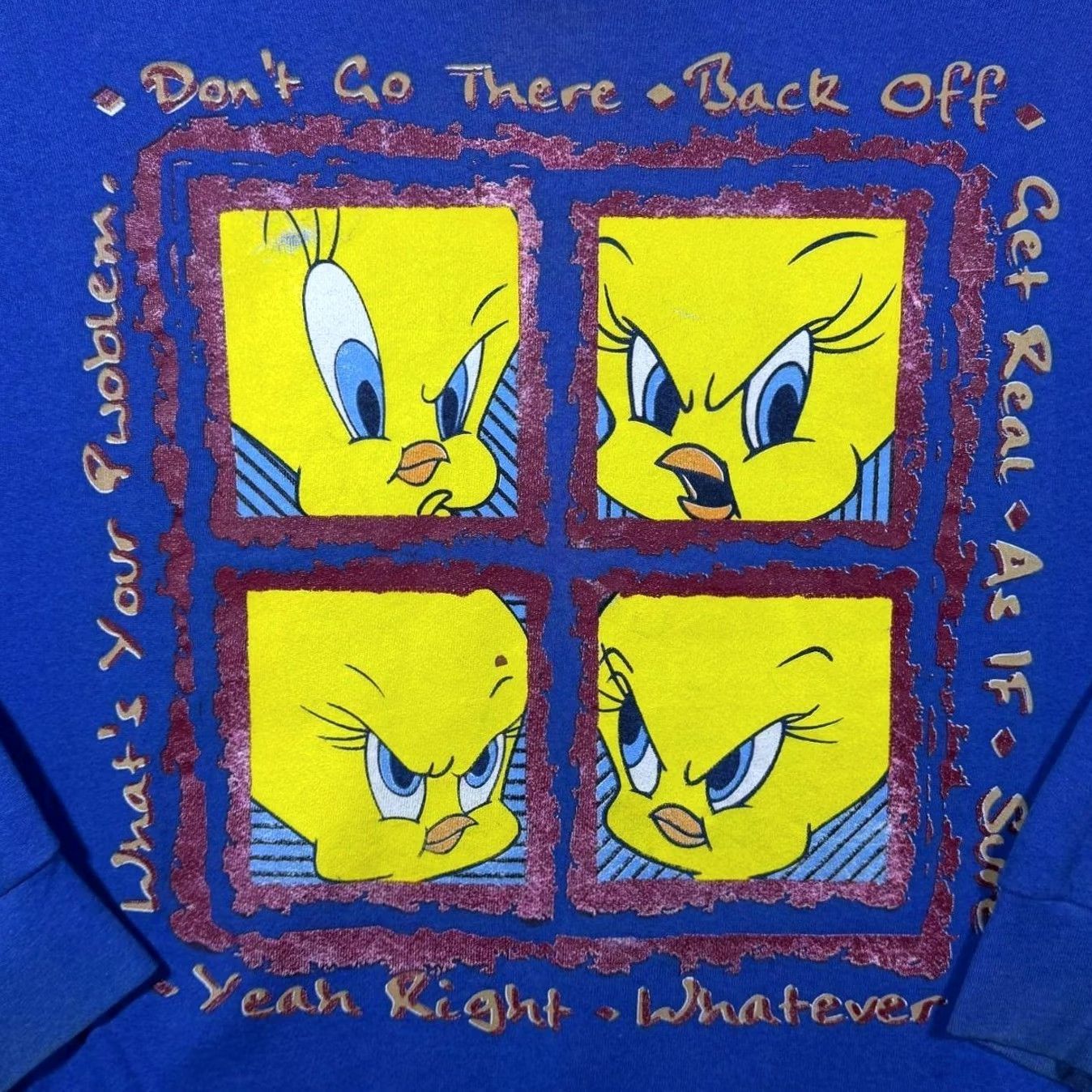 Vintage VINTAGE Looney Tunes (1997) Tweety Slogan Graphic Blue Sweatshirt XL Men Regular Long Sleeve Pullover 100% Cotton USA Blue Mens Sweatshirt Size US XL / EU 56 / 4 - 4 Thumbnail