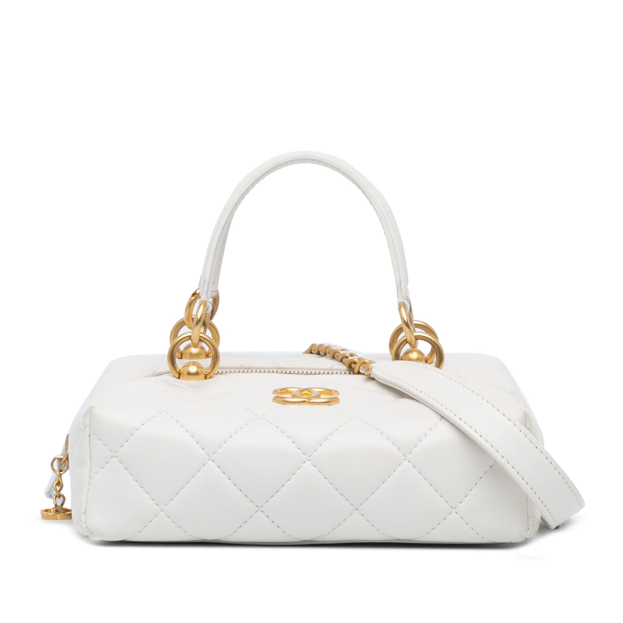 Chanel White Métiers D'art Cc Quilted Lambskin Box With Top Handle Bag Satchel, Women's