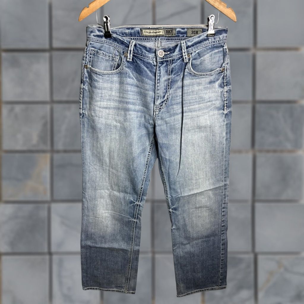 BKE BKE Tyler Straight Jeans Mens 31x31 Blue Denim Distressed Medium Wash Casual Size US 31 - 1 Thumbnail