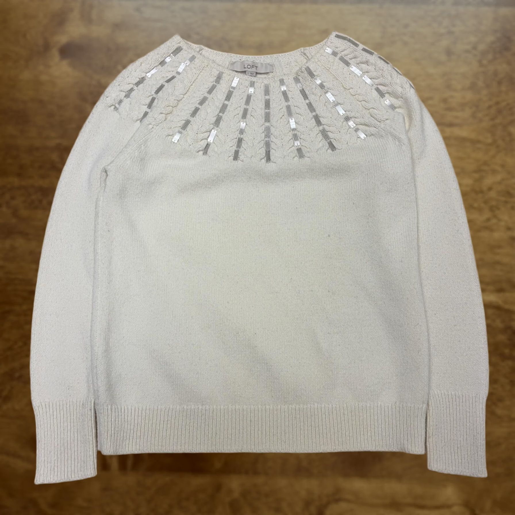 Loft LOFT Sweater Womens Small White Crew Neck Sequin Cable Knit Pullover Size S / US 4 / IT 40 - 1 Thumbnail