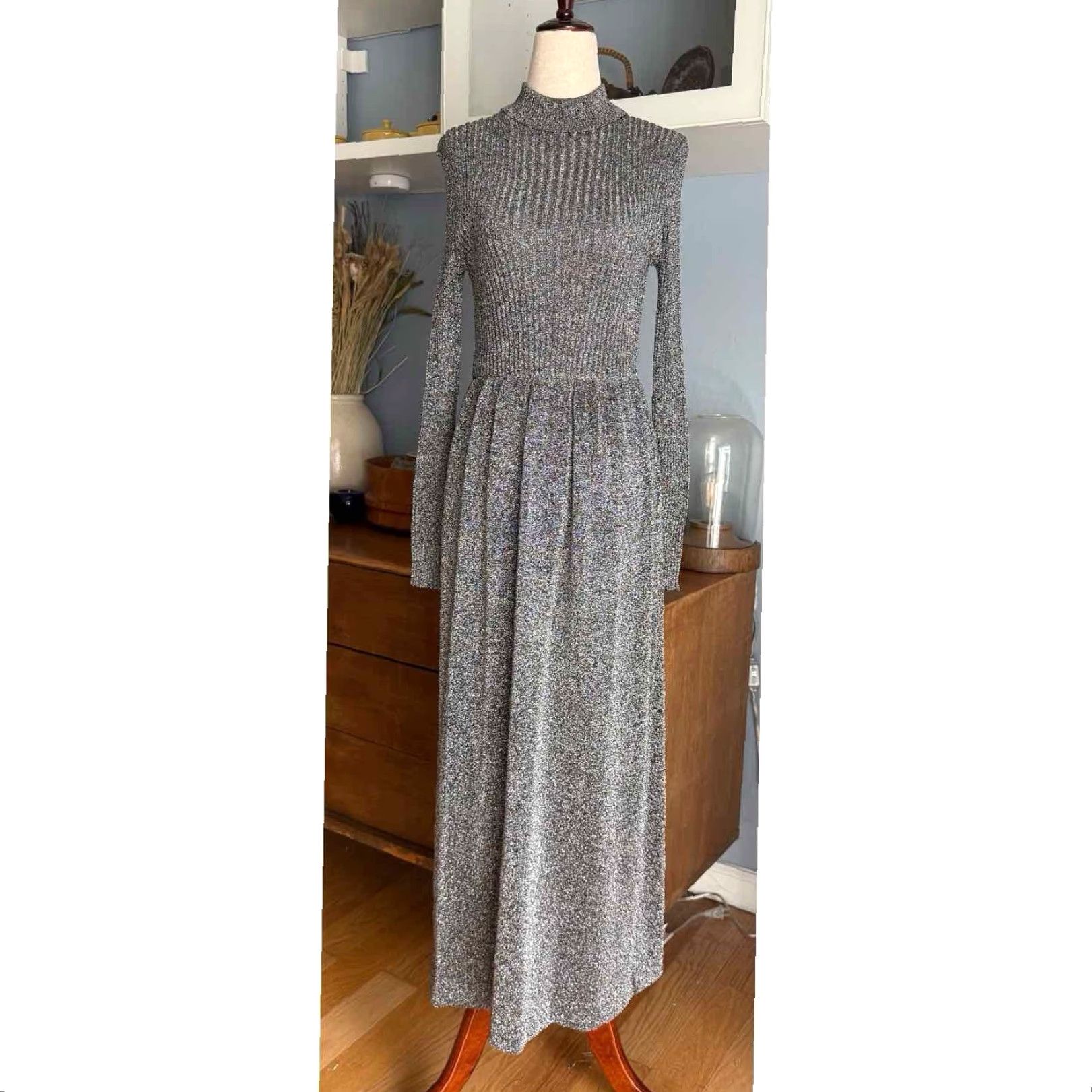 Etro VINTAGE Royal Cathay Silver Metallic Knit Midi Maxi Dress Party Retro S Womens 60s 70s A-Line Size S / US 4 / IT 40 - 2 Thumbnail