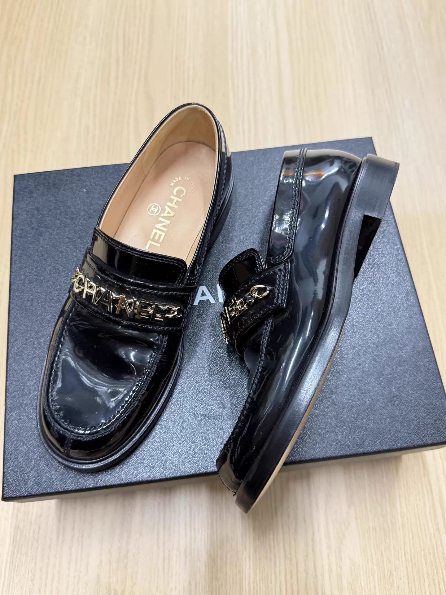 Chanel CHANEL Black & Gold Logo Loafers 37.5 New Size US 7 / IT 37 - 2 Thumbnail