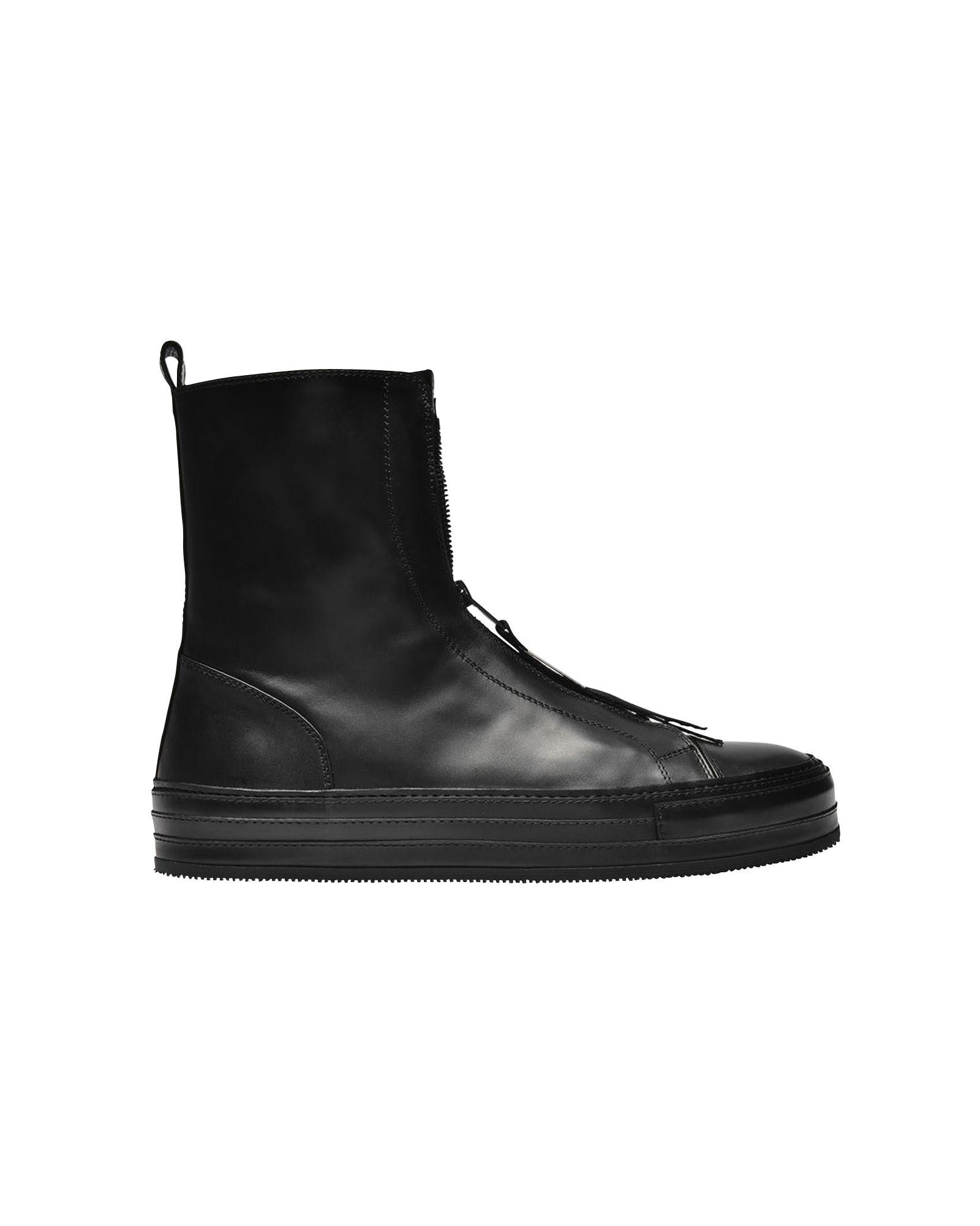 image of Ann Demeulemeester Futuristic Black Leather Zip-Up Sneakers, Men's (Size 11)