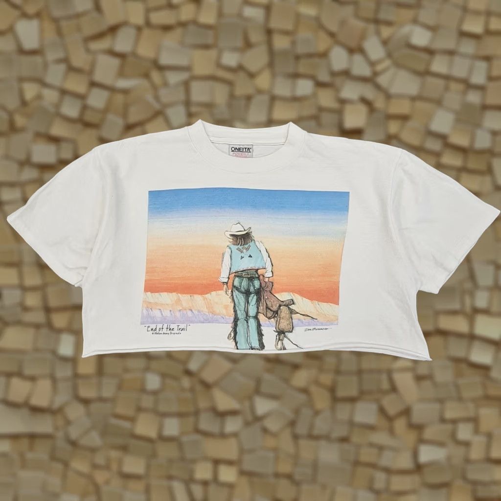 Vintage ONEITA Womens T Shirt White Large Vintage End Of The Trail USA Made Cowboy Tee USA Made Shirt Womens Large White 90s Theme Mascot Logo Size L / US 10 / IT 46 - 1 Thumbnail