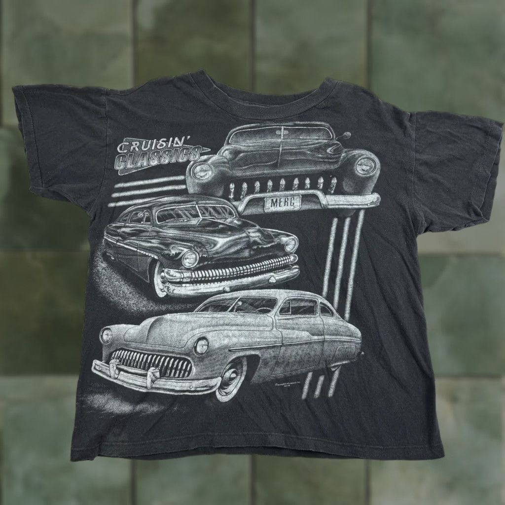 VINTAGE Carribean Classic Cars All Over Print Shirt Adult Large Black 90s Worn Faded USA Car Shirt Mens