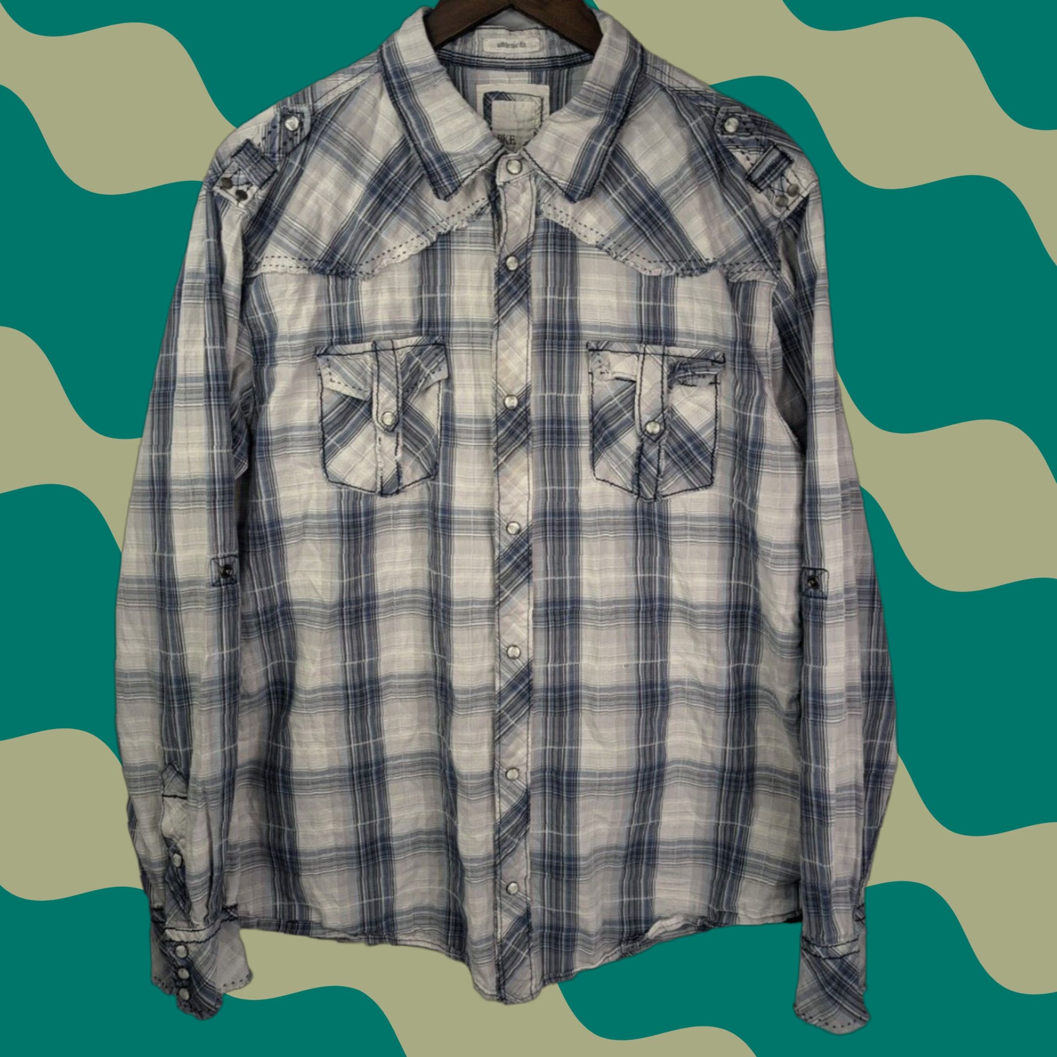 Vintage BKE Shirt XL Gray Athletic Fit Plaid Long Sleeve Button-Up Western Distress Pearl Snap Size US XL / EU 56 / 4 - 1 Thumbnail